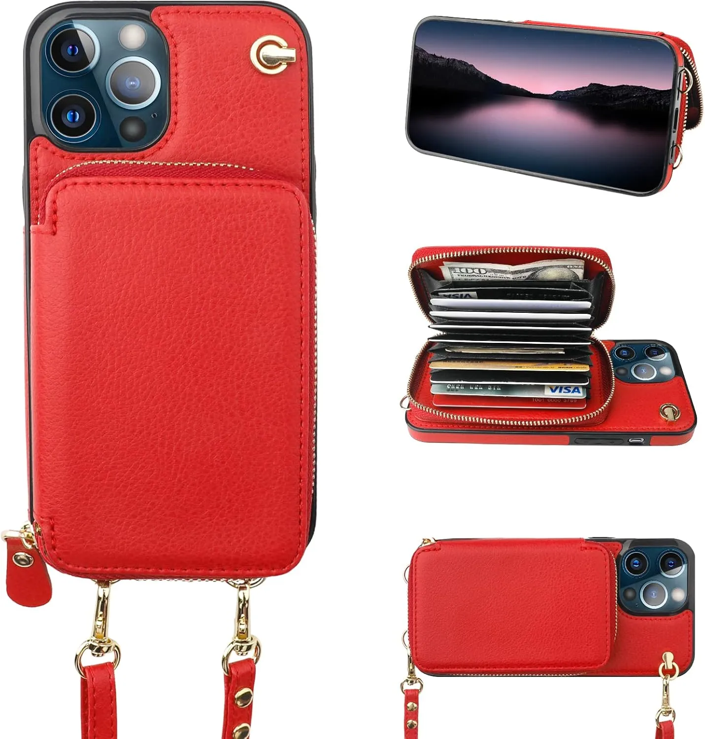 Bocasal Crossbody Wallet Case for iPhone 12 Pro Max, RFID Blocking Leather Purse Case with Card Holder, Protective Handbag Flip Cover with Zipper Wrist Strap Lanyard for Women 5G 6.7 Inch (Red)