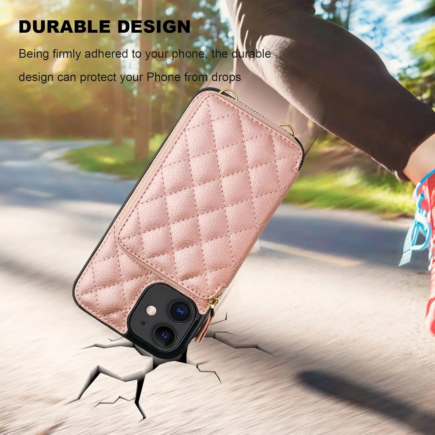 Bocasal Crossbody Wallet Case for iPhone 12/12 Pro, RFID Blocking PU Leather Zipper Handbag Purse Flip Cover, Kickstand Folio Case with Card Slots Holder Wrist Strap Lanyard 5G 6.1 Inch (Rose Gold)