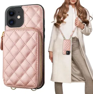 Bocasal Crossbody Wallet Case for iPhone 12/12 Pro, RFID Blocking PU Leather Zipper Handbag Purse Flip Cover, Kickstand Folio Case with Card Slots Holder Wrist Strap Lanyard 5G 6.1 Inch (Rose Gold)