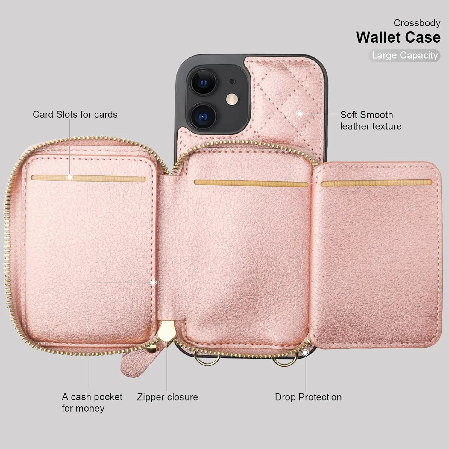 Bocasal Crossbody Wallet Case for iPhone 12/12 Pro, RFID Blocking PU Leather Zipper Handbag Purse Flip Cover, Kickstand Folio Case with Card Slots Holder Wrist Strap Lanyard 5G 6.1 Inch (Rose Gold)