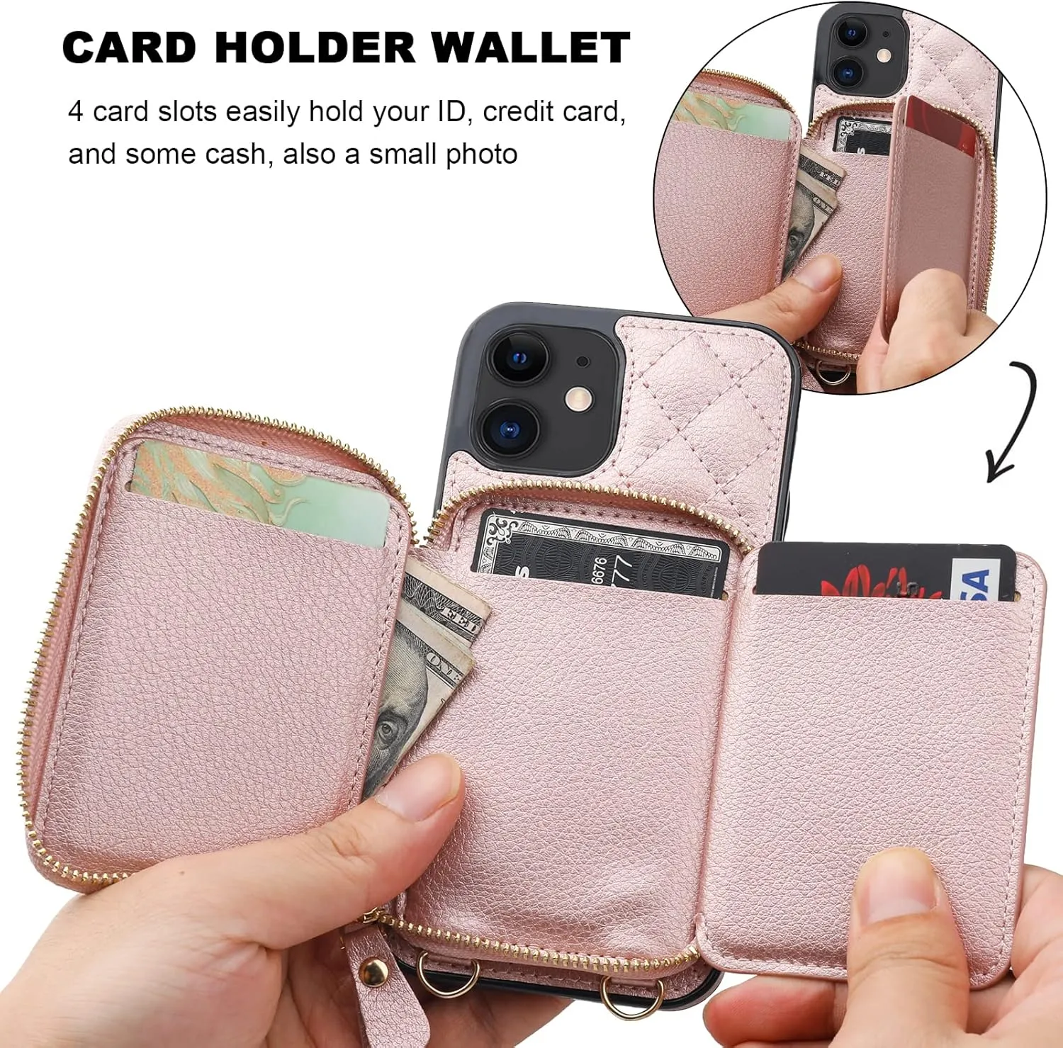 Bocasal Crossbody Wallet Case for iPhone 12/12 Pro, RFID Blocking PU Leather Zipper Handbag Purse Flip Cover, Kickstand Folio Case with Card Slots Holder Wrist Strap Lanyard 5G 6.1 Inch (Rose Gold)