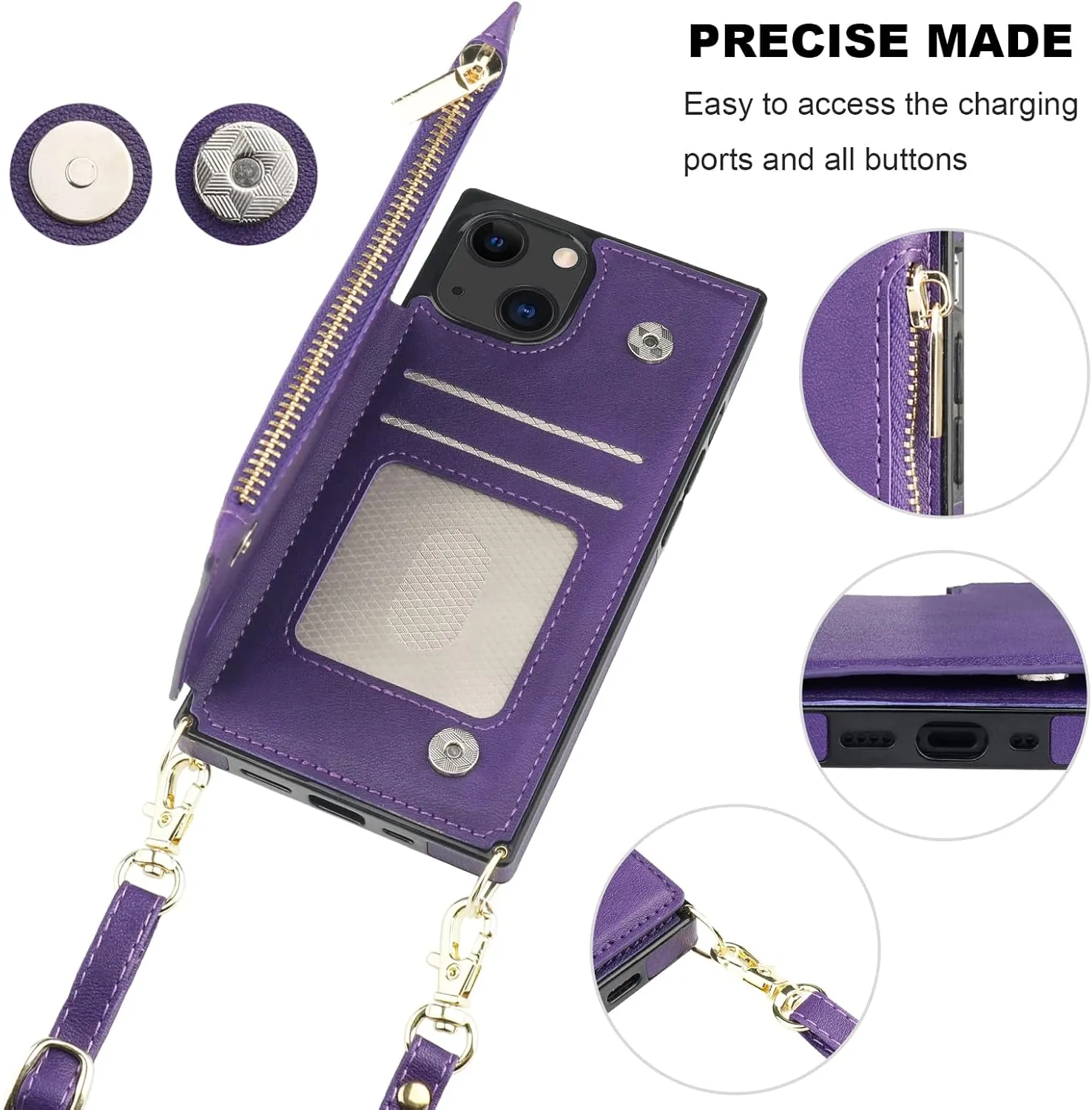 Bocasal Crossbody Wallet Case for iPhone 13 Mini with RFID Blocking Card Slot Holder, Magnetic Flip Folio Purse Case, PU Leather Zipper Handbag with Detachable Lanyard Strap 5.4 Inch 5G (Purple)