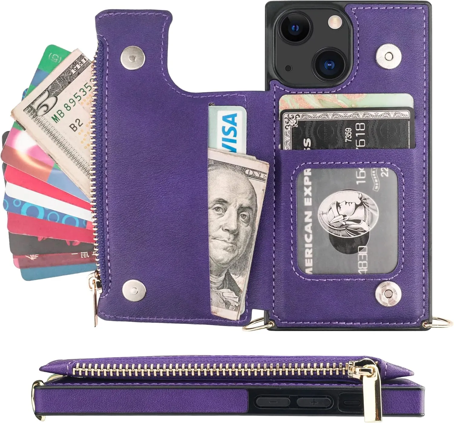 Bocasal Crossbody Wallet Case for iPhone 13 Mini with RFID Blocking Card Slot Holder, Magnetic Flip Folio Purse Case, PU Leather Zipper Handbag with Detachable Lanyard Strap 5.4 Inch 5G (Purple)