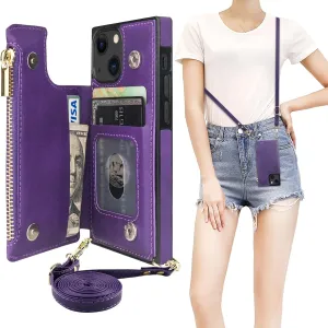 Bocasal Crossbody Wallet Case for iPhone 13 Mini with RFID Blocking Card Slot Holder, Magnetic Flip Folio Purse Case, PU Leather Zipper Handbag with Detachable Lanyard Strap 5.4 Inch 5G (Purple)