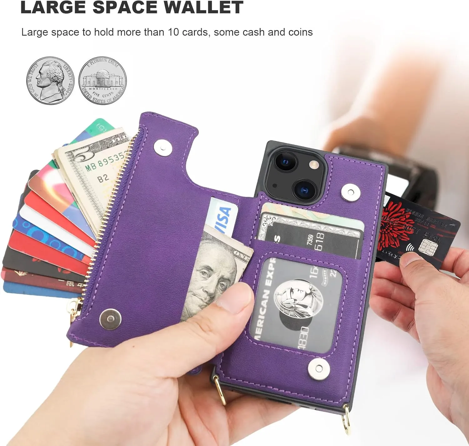 Bocasal Crossbody Wallet Case for iPhone 13 Mini with RFID Blocking Card Slot Holder, Magnetic Flip Folio Purse Case, PU Leather Zipper Handbag with Detachable Lanyard Strap 5.4 Inch 5G (Purple)