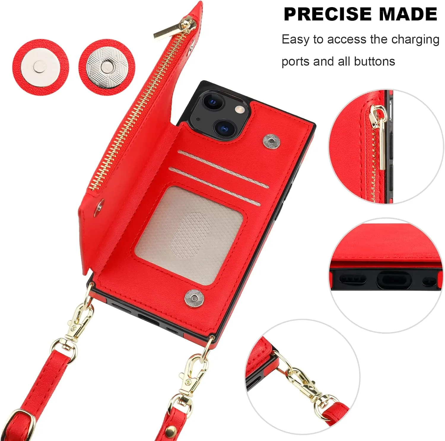 Bocasal Crossbody Wallet Case for iPhone 13 Mini with RFID Blocking Card Slot Holder, Magnetic Flip Folio Purse Case, PU Leather Zipper Handbag with Detachable Lanyard Strap 5.4 Inch 5G (Red)