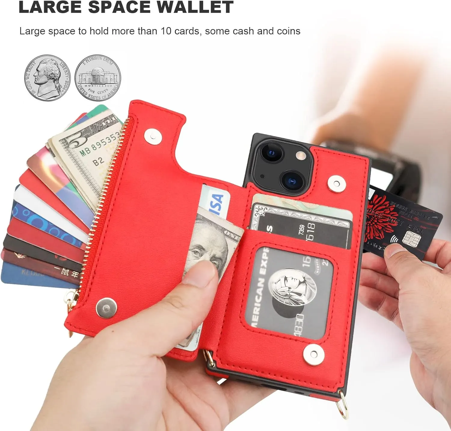 Bocasal Crossbody Wallet Case for iPhone 13 Mini with RFID Blocking Card Slot Holder, Magnetic Flip Folio Purse Case, PU Leather Zipper Handbag with Detachable Lanyard Strap 5.4 Inch 5G (Red)