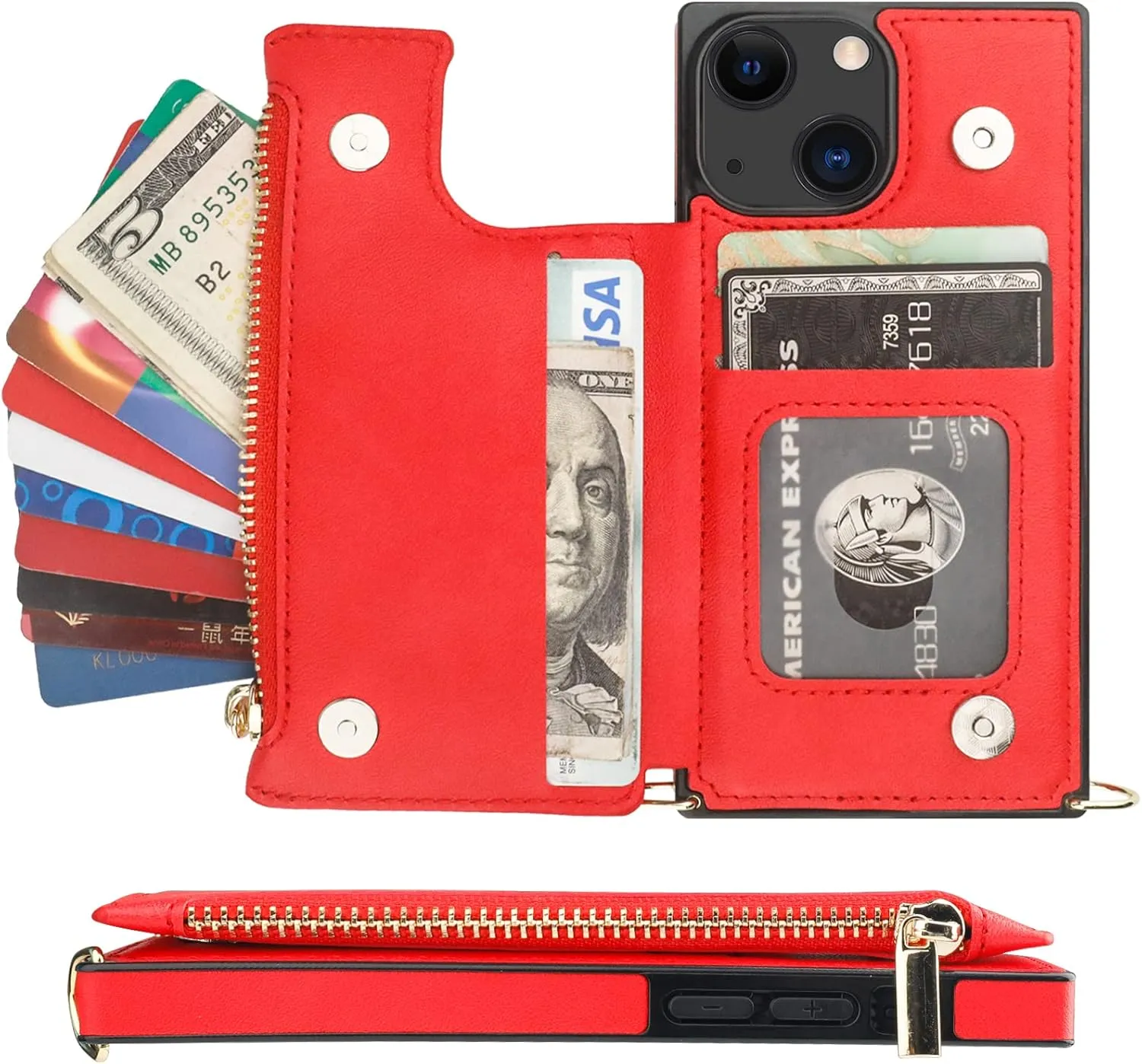 Bocasal Crossbody Wallet Case for iPhone 13 Mini with RFID Blocking Card Slot Holder, Magnetic Flip Folio Purse Case, PU Leather Zipper Handbag with Detachable Lanyard Strap 5.4 Inch 5G (Red)