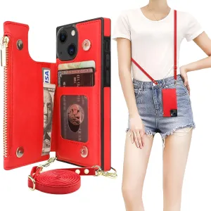 Bocasal Crossbody Wallet Case for iPhone 13 Mini with RFID Blocking Card Slot Holder, Magnetic Flip Folio Purse Case, PU Leather Zipper Handbag with Detachable Lanyard Strap 5.4 Inch 5G (Red)