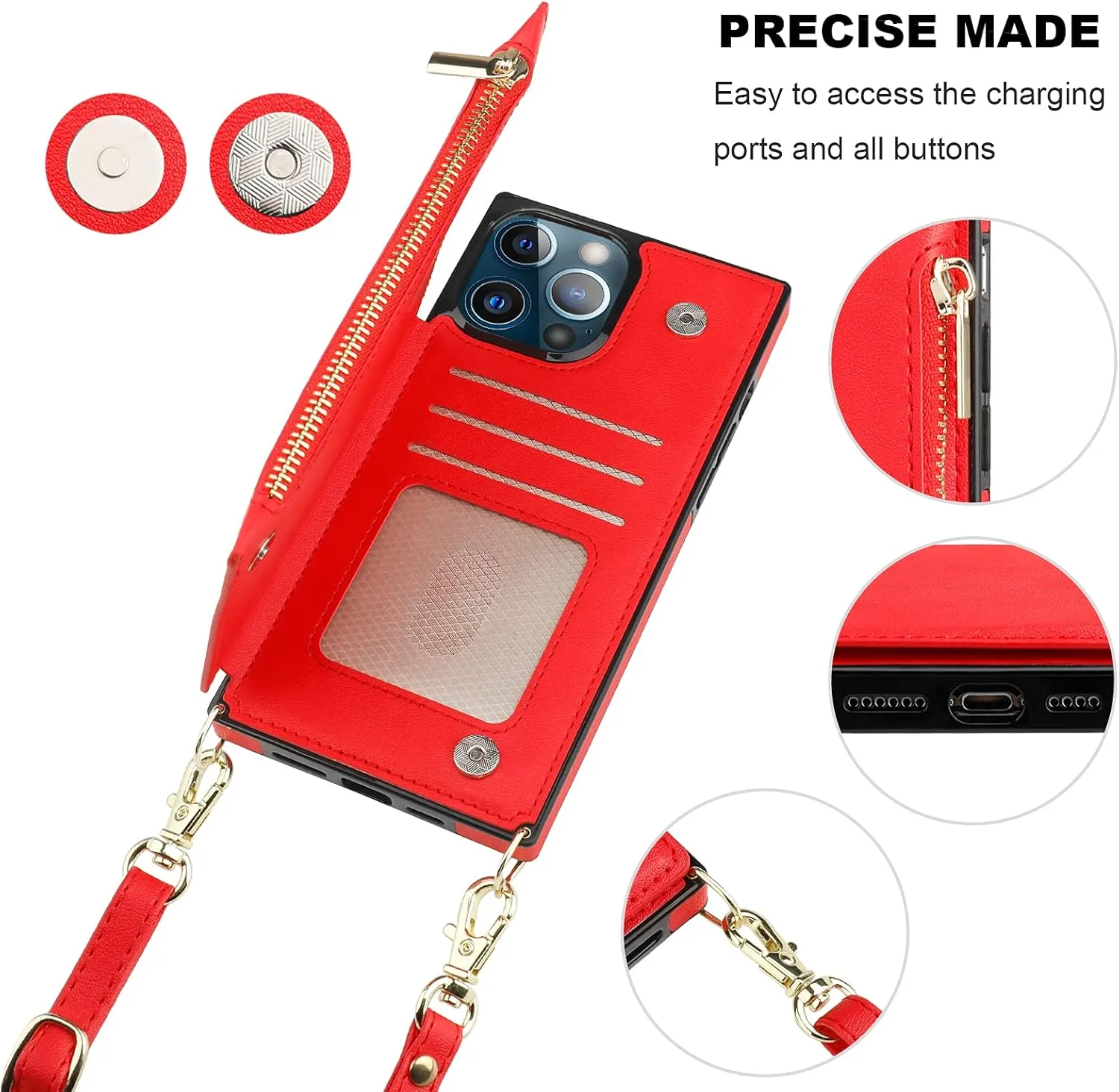 Bocasal Crossbody Wallet Case for iPhone 13 Pro Max with RFID Blocking Card Slot Holder, Magnetic Flip Folio Purse Case, PU Leather Zipper Handbag with Detachable Lanyard Strap 6.7 Inch 5G (Red)