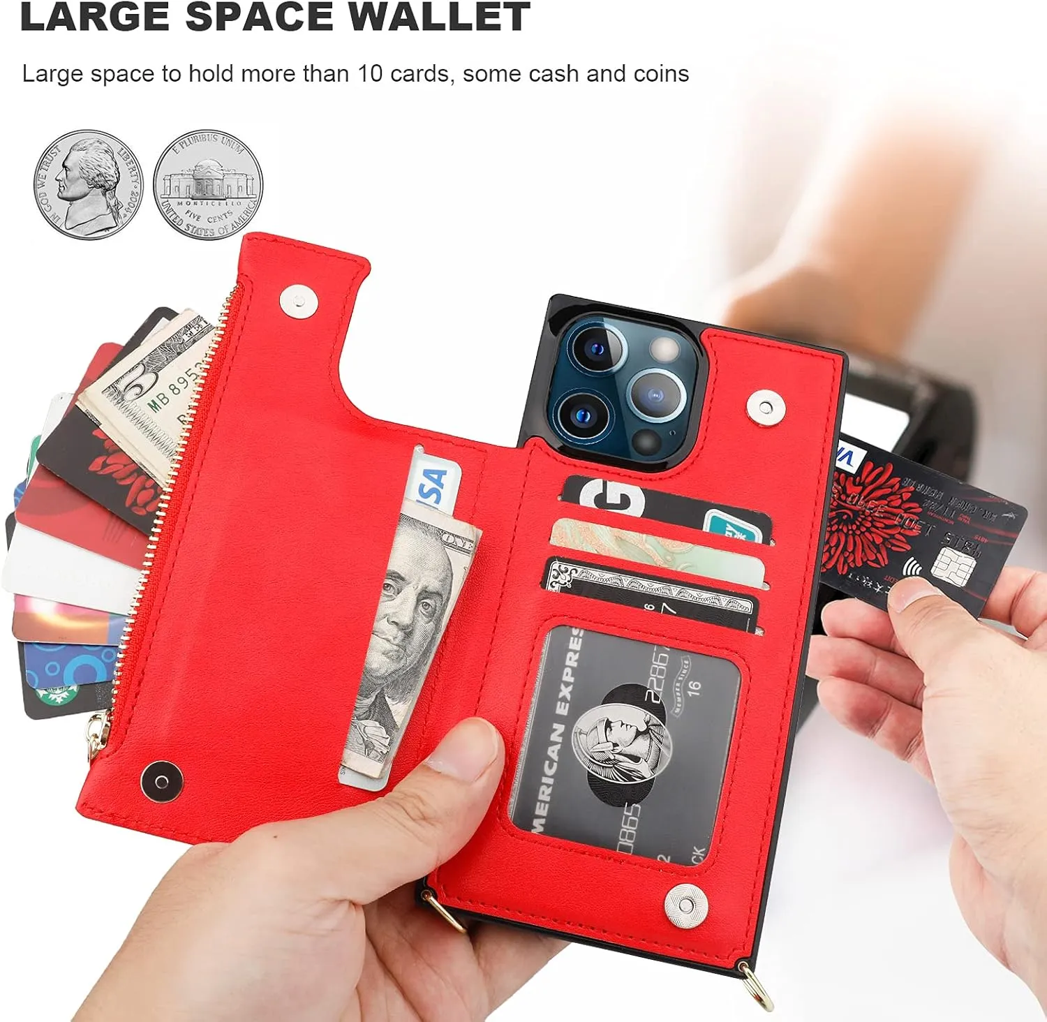 Bocasal Crossbody Wallet Case for iPhone 13 Pro Max with RFID Blocking Card Slot Holder, Magnetic Flip Folio Purse Case, PU Leather Zipper Handbag with Detachable Lanyard Strap 6.7 Inch 5G (Red)