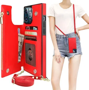 Bocasal Crossbody Wallet Case for iPhone 13 Pro Max with RFID Blocking Card Slot Holder, Magnetic Flip Folio Purse Case, PU Leather Zipper Handbag with Detachable Lanyard Strap 6.7 Inch 5G (Red)