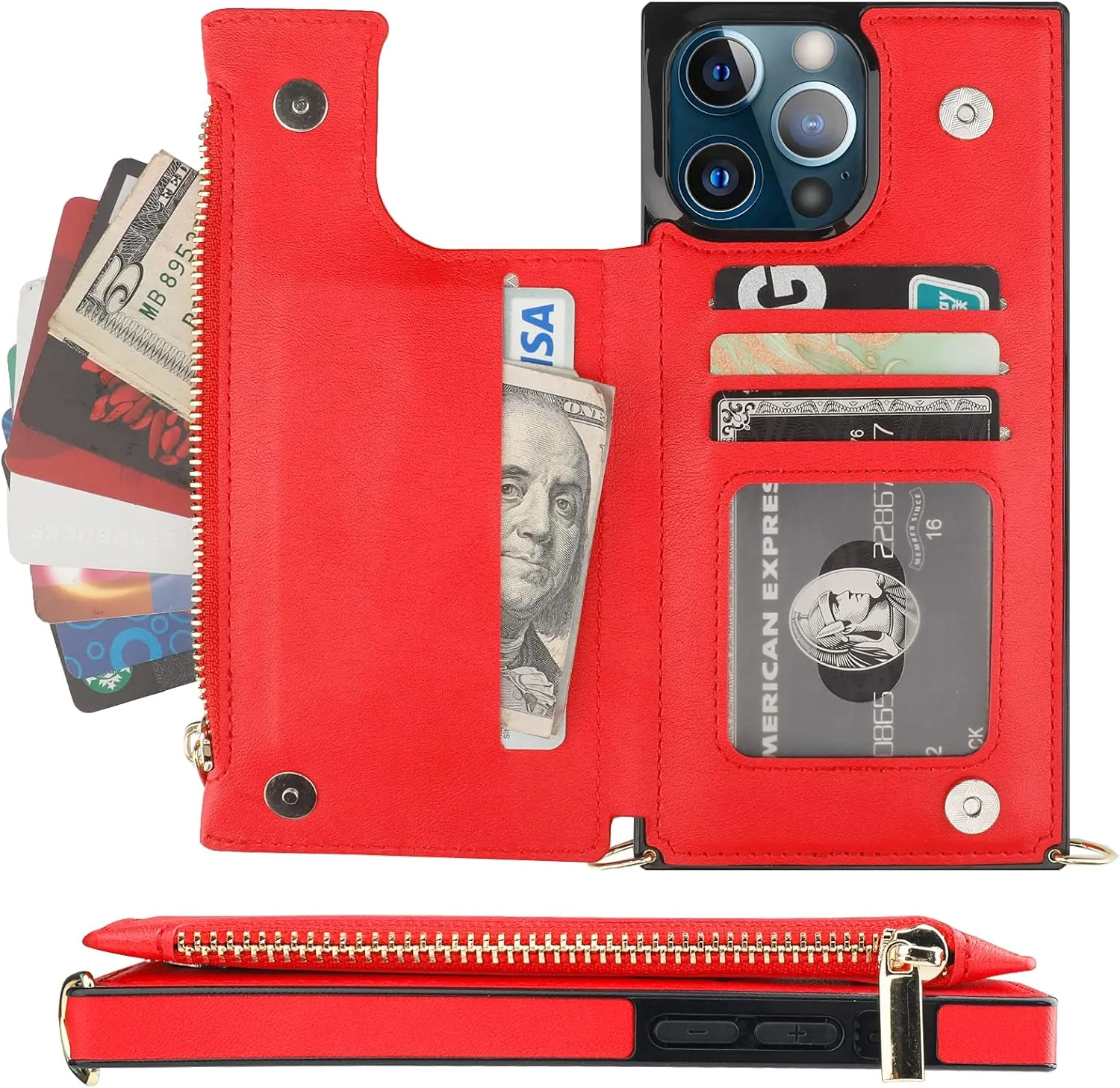 Bocasal Crossbody Wallet Case for iPhone 13 Pro Max with RFID Blocking Card Slot Holder, Magnetic Flip Folio Purse Case, PU Leather Zipper Handbag with Detachable Lanyard Strap 6.7 Inch 5G (Red)