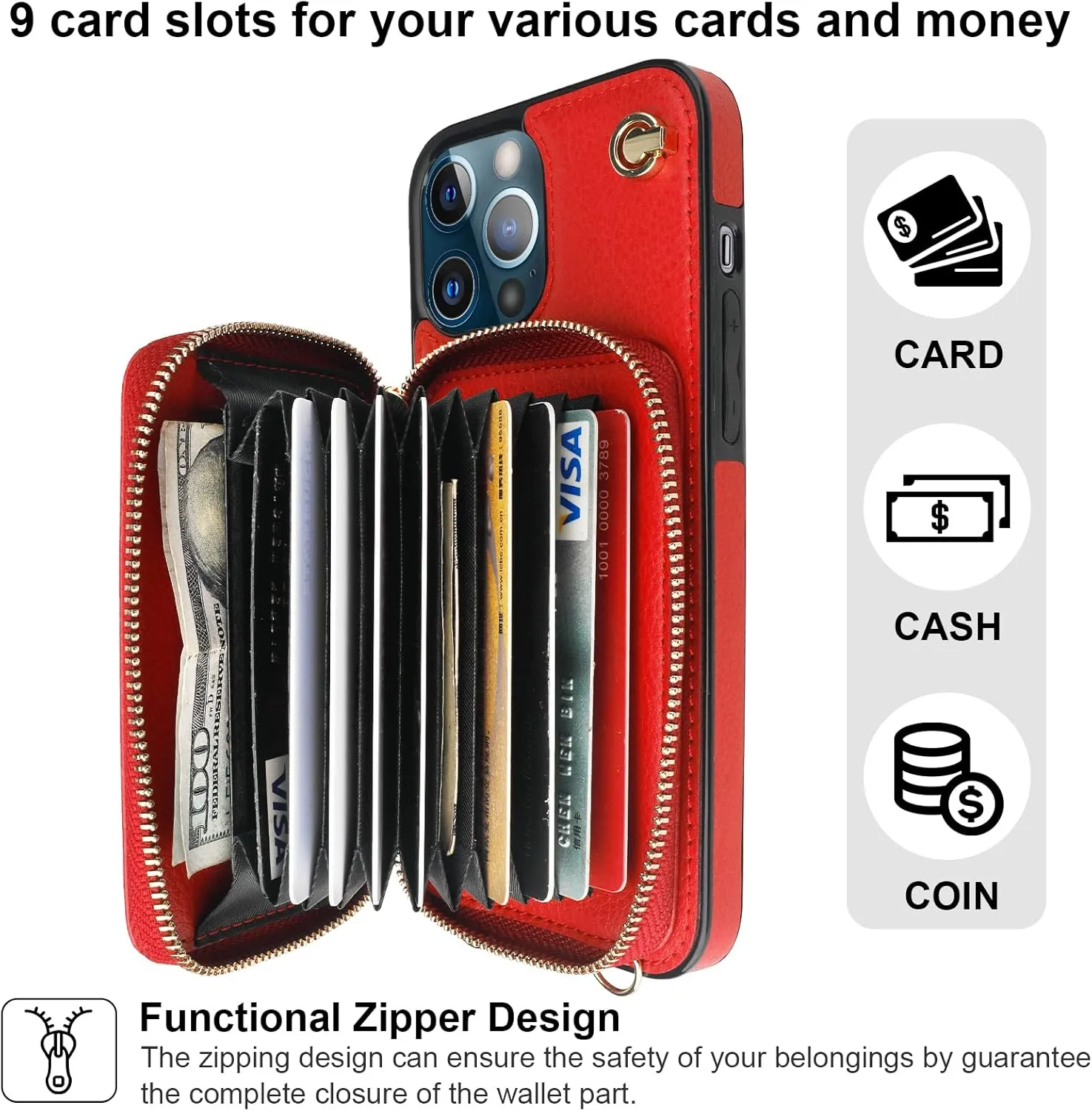Bocasal Crossbody Wallet Case for iPhone 13 Pro, RFID Blocking Leather Purse Case with Card Holder, Protective Handbag Flip Cover with Zipper Wrist Strap Lanyard for Women 5G 6.1 Inch (Red)