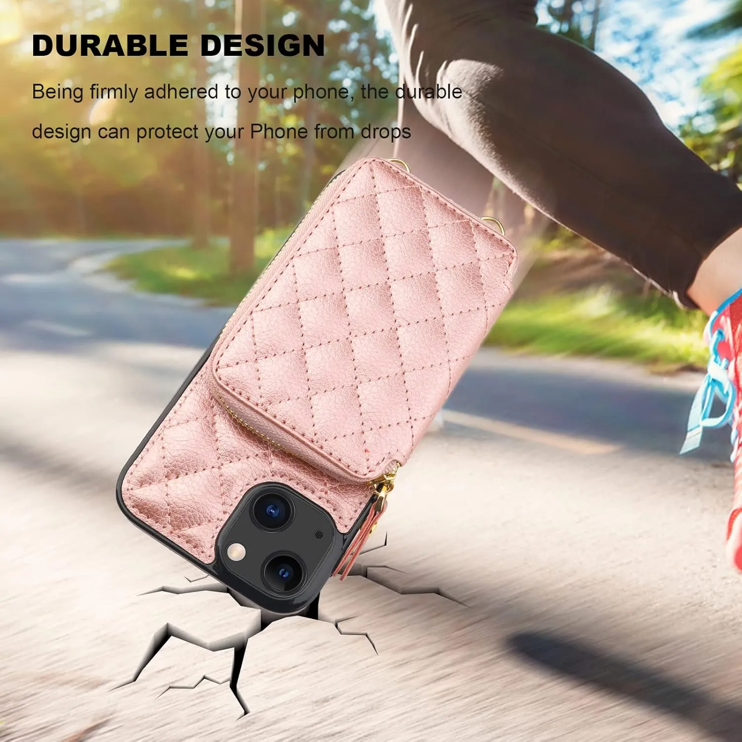 Bocasal Crossbody Wallet Case for iPhone 13, RFID Blocking PU Leather Zipper Handbag Purse Flip Cover, Kickstand Folio Case with Card Slots Holder Wrist Strap Lanyard 5G 6.1 Inch (Rose Gold)
