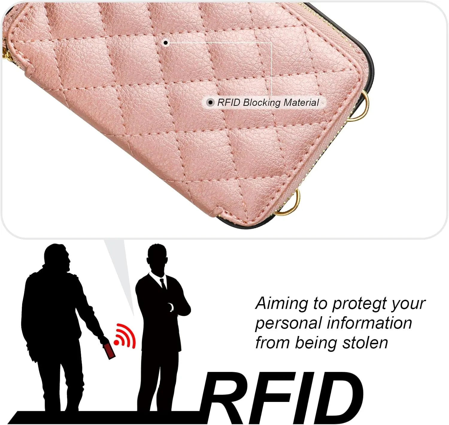 Bocasal Crossbody Wallet Case for iPhone 13, RFID Blocking PU Leather Zipper Handbag Purse Flip Cover, Kickstand Folio Case with Card Slots Holder Wrist Strap Lanyard 5G 6.1 Inch (Rose Gold)
