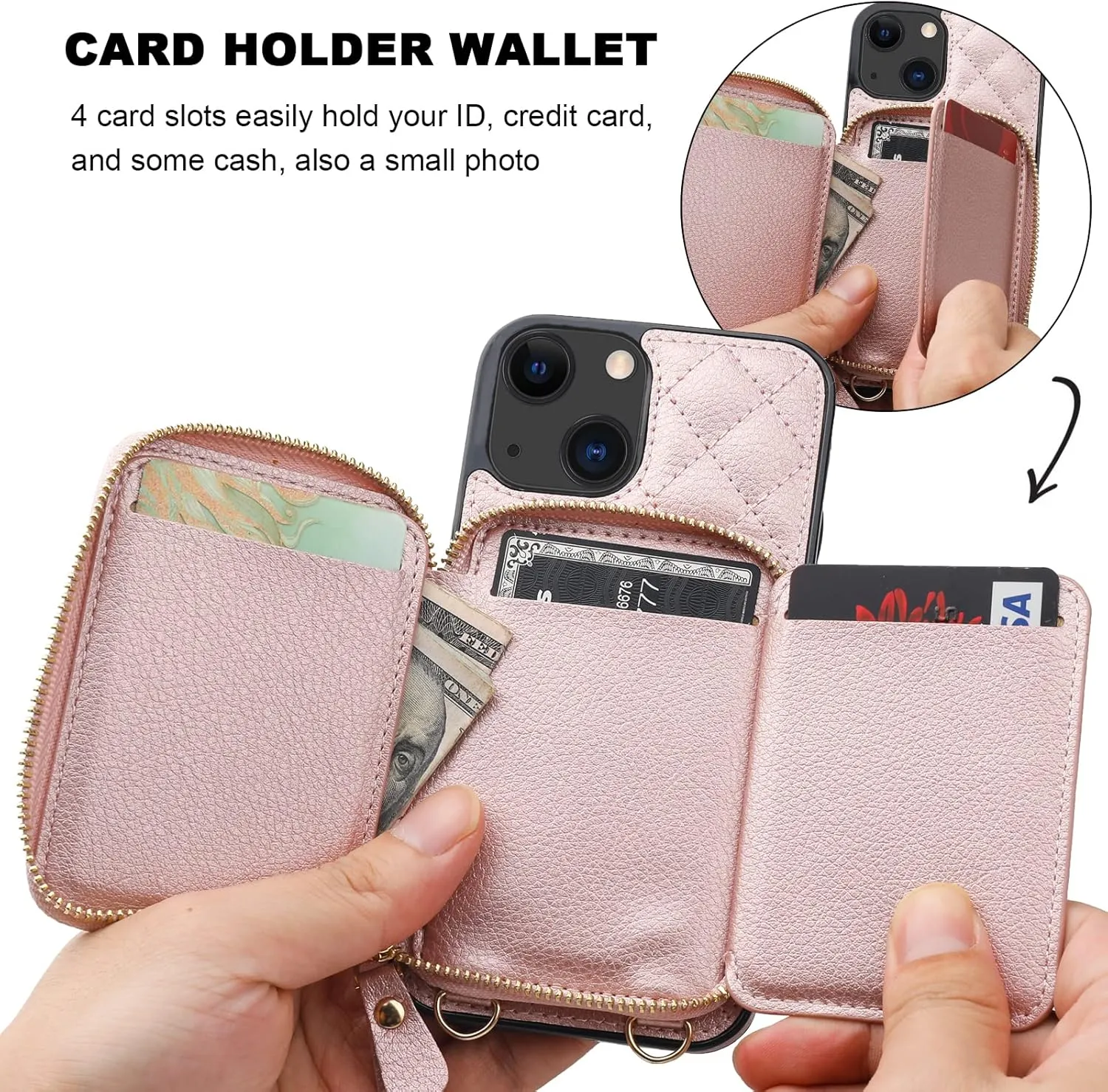 Bocasal Crossbody Wallet Case for iPhone 13, RFID Blocking PU Leather Zipper Handbag Purse Flip Cover, Kickstand Folio Case with Card Slots Holder Wrist Strap Lanyard 5G 6.1 Inch (Rose Gold)