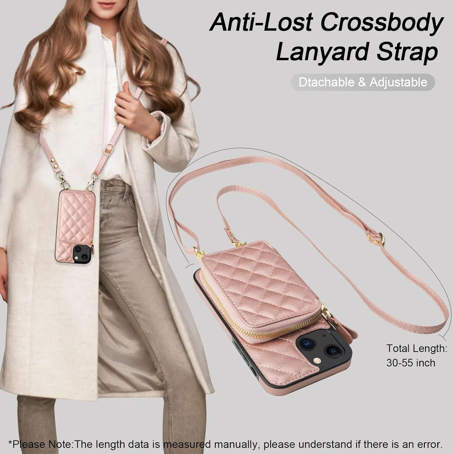 Bocasal Crossbody Wallet Case for iPhone 13, RFID Blocking PU Leather Zipper Handbag Purse Flip Cover, Kickstand Folio Case with Card Slots Holder Wrist Strap Lanyard 5G 6.1 Inch (Rose Gold)