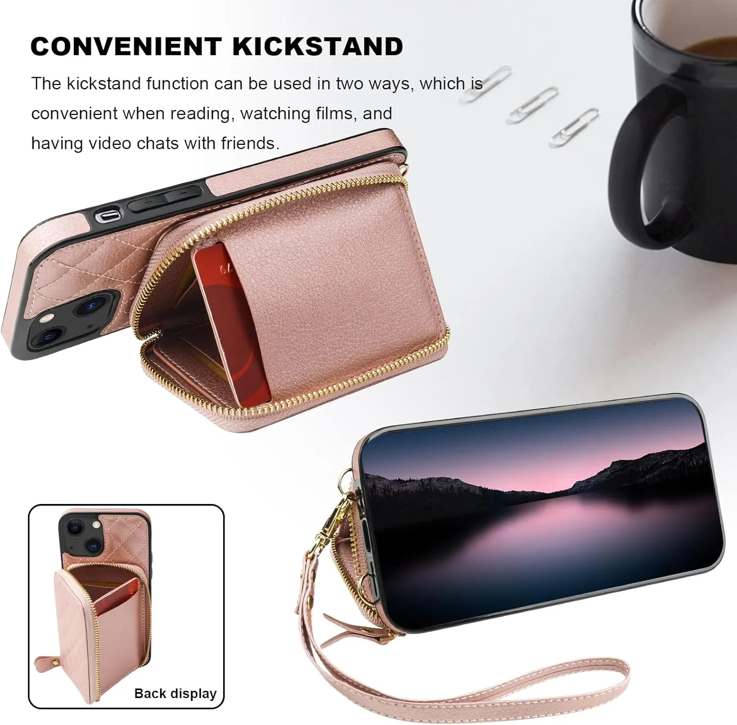 Bocasal Crossbody Wallet Case for iPhone 13, RFID Blocking PU Leather Zipper Handbag Purse Flip Cover, Kickstand Folio Case with Card Slots Holder Wrist Strap Lanyard 5G 6.1 Inch (Rose Gold)