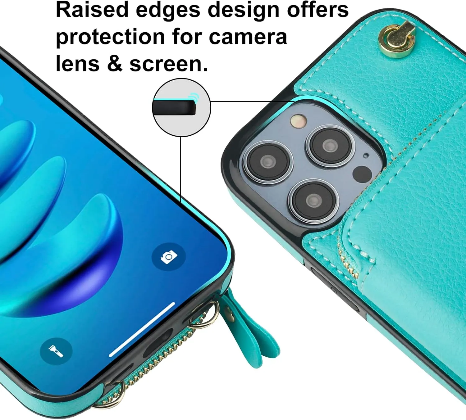 Bocasal Crossbody Wallet Case for iPhone 14 Pro Max, RFID Blocking Leather Purse Case with Card Holder, Protective Handbag Flip Cover with Zipper Wrist Strap Lanyard for Women 5G 6.7 Inch (Mint Green)