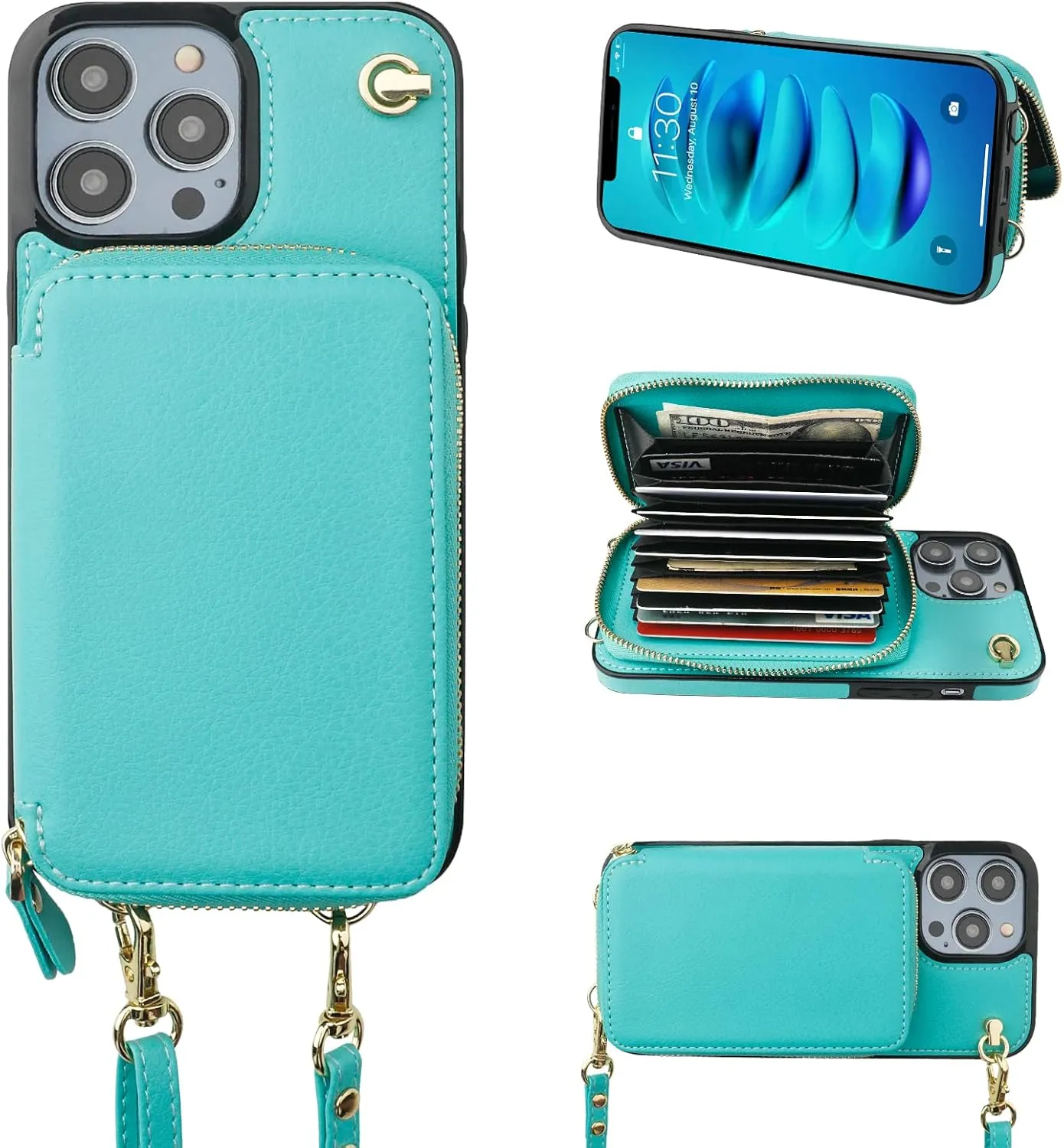 Bocasal Crossbody Wallet Case for iPhone 14 Pro Max, RFID Blocking Leather Purse Case with Card Holder, Protective Handbag Flip Cover with Zipper Wrist Strap Lanyard for Women 5G 6.7 Inch (Mint Green)