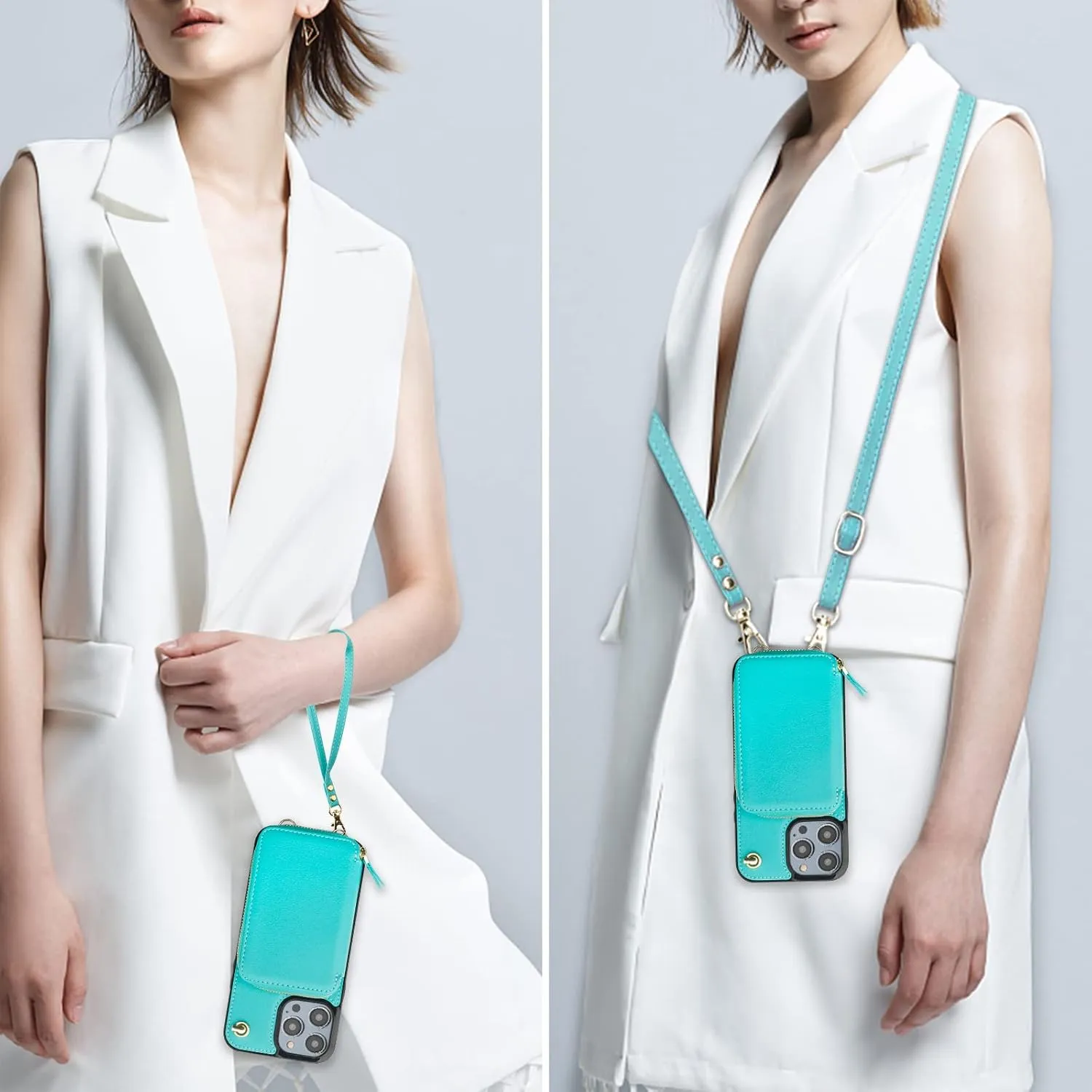 Bocasal Crossbody Wallet Case for iPhone 14 Pro Max, RFID Blocking Leather Purse Case with Card Holder, Protective Handbag Flip Cover with Zipper Wrist Strap Lanyard for Women 5G 6.7 Inch (Mint Green)