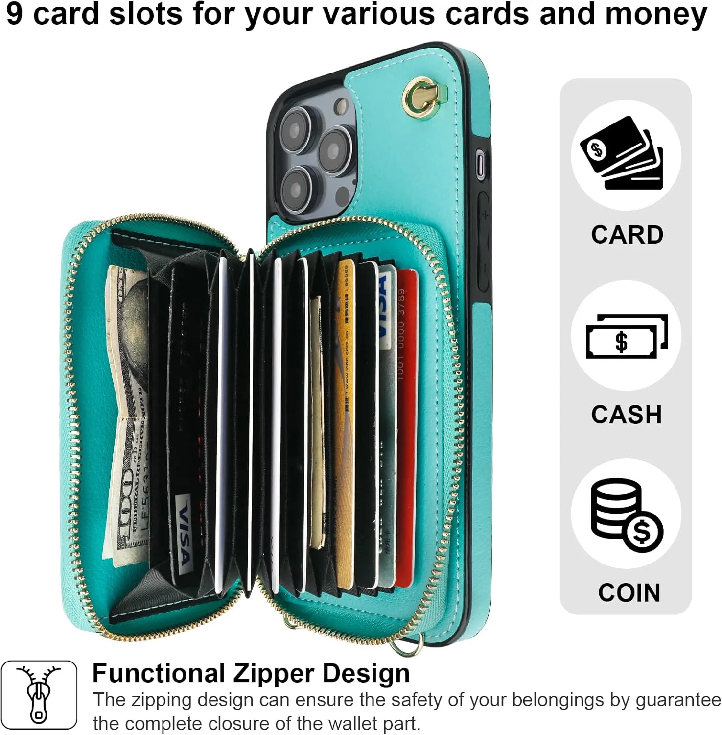 Bocasal Crossbody Wallet Case for iPhone 14 Pro Max, RFID Blocking Leather Purse Case with Card Holder, Protective Handbag Flip Cover with Zipper Wrist Strap Lanyard for Women 5G 6.7 Inch (Mint Green)