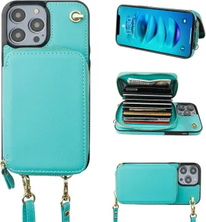 Bocasal Crossbody Wallet Case for iPhone 14 Pro Max, RFID Blocking Leather Purse Case with Card Holder, Protective Handbag Flip Cover with Zipper Wrist Strap Lanyard for Women 5G 6.7 Inch (Mint Green)