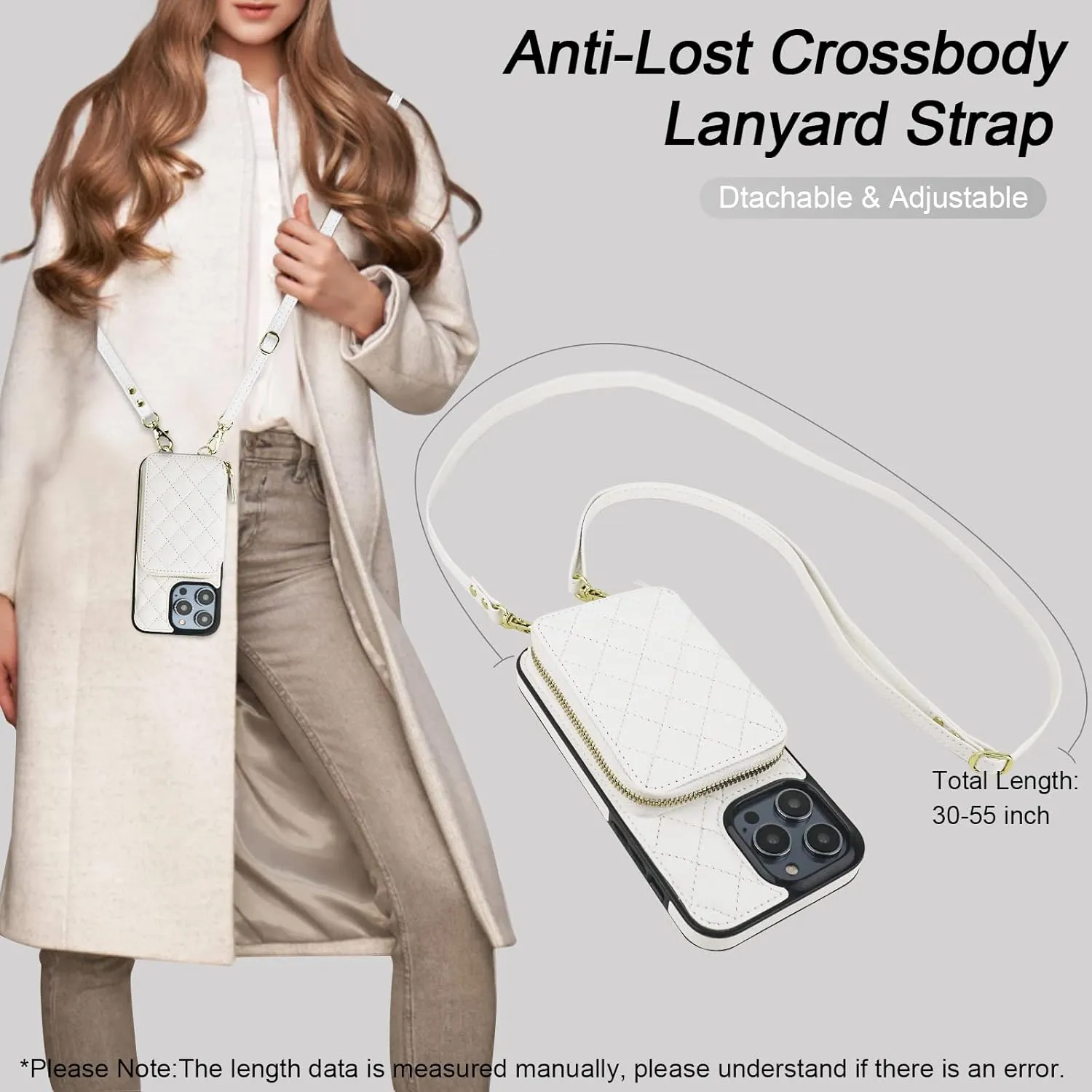 Bocasal Crossbody Wallet Case for iPhone 14 Pro Max, RFID Blocking PU Leather Zipper Handbag Purse Flip Cover, Kickstand Folio Case with Card Slots Holder Wrist Strap Lanyard 5G 6.7 Inch (White)