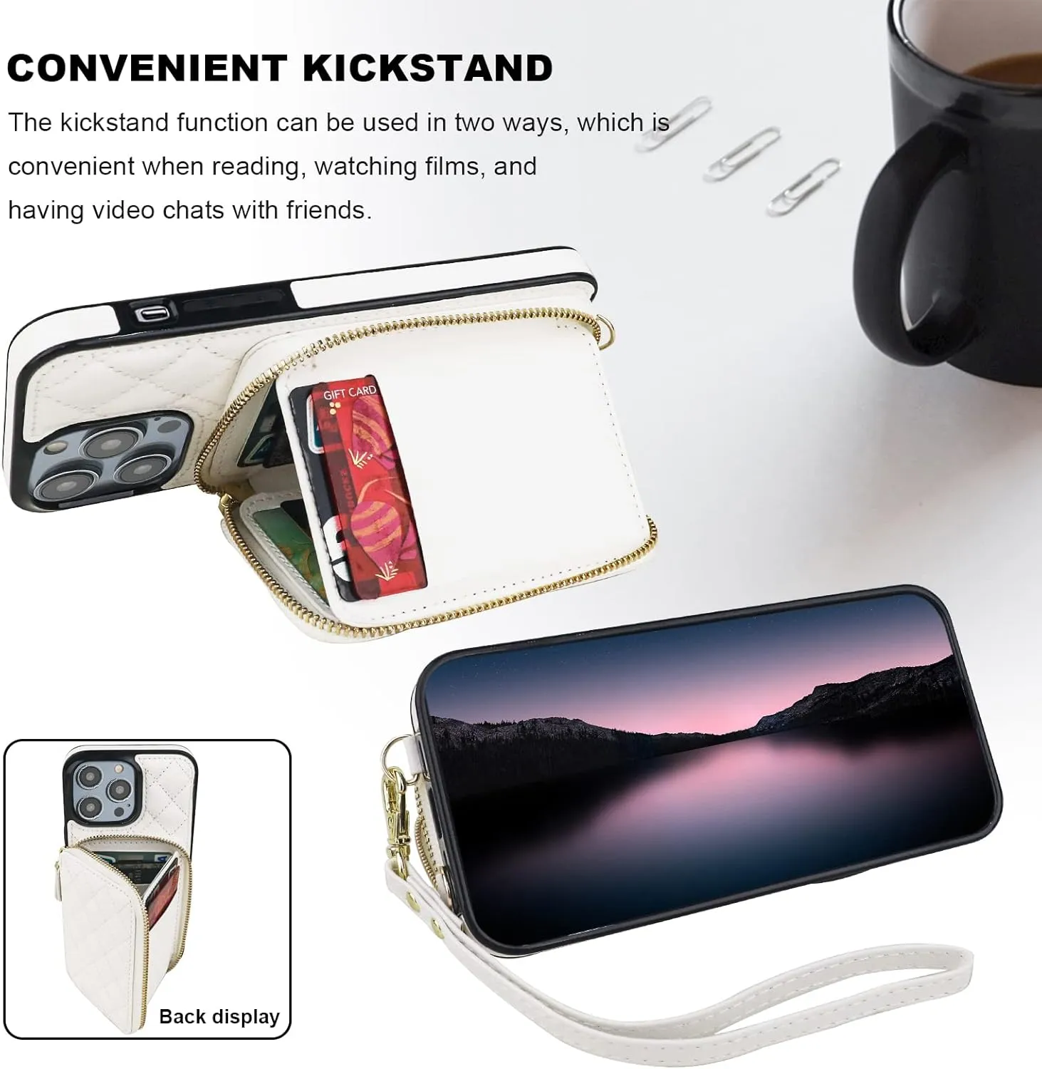 Bocasal Crossbody Wallet Case for iPhone 14 Pro Max, RFID Blocking PU Leather Zipper Handbag Purse Flip Cover, Kickstand Folio Case with Card Slots Holder Wrist Strap Lanyard 5G 6.7 Inch (White)