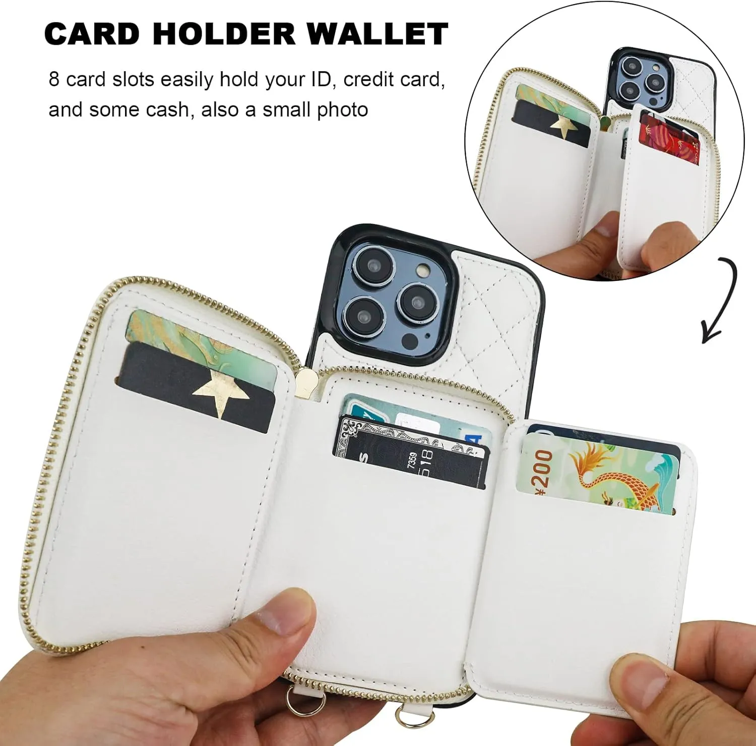Bocasal Crossbody Wallet Case for iPhone 14 Pro Max, RFID Blocking PU Leather Zipper Handbag Purse Flip Cover, Kickstand Folio Case with Card Slots Holder Wrist Strap Lanyard 5G 6.7 Inch (White)