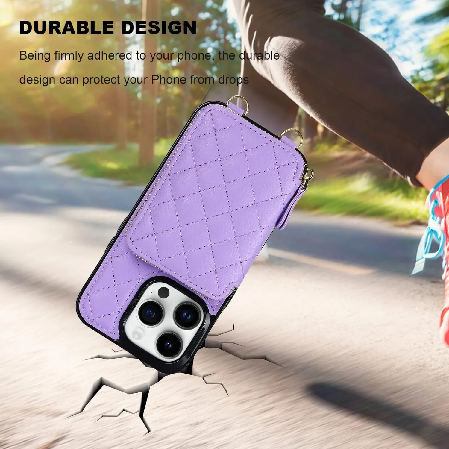 Bocasal Crossbody Wallet Case for iPhone 14 Pro, RFID Blocking PU Leather Zipper Handbag Purse Flip Cover, Kickstand Folio Case with Card Slots Holder Wrist Strap Lanyard 5G 6.1 Inch (Purple)
