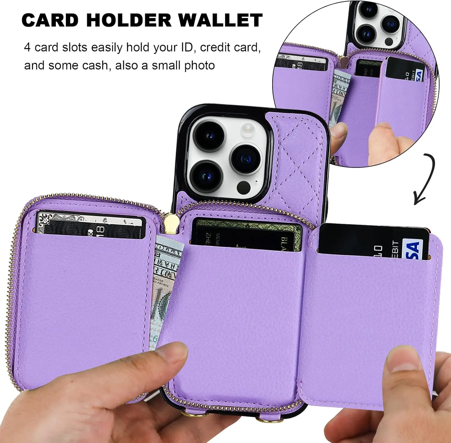 Bocasal Crossbody Wallet Case for iPhone 14 Pro, RFID Blocking PU Leather Zipper Handbag Purse Flip Cover, Kickstand Folio Case with Card Slots Holder Wrist Strap Lanyard 5G 6.1 Inch (Purple)