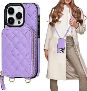 Bocasal Crossbody Wallet Case for iPhone 14 Pro, RFID Blocking PU Leather Zipper Handbag Purse Flip Cover, Kickstand Folio Case with Card Slots Holder Wrist Strap Lanyard 5G 6.1 Inch (Purple)
