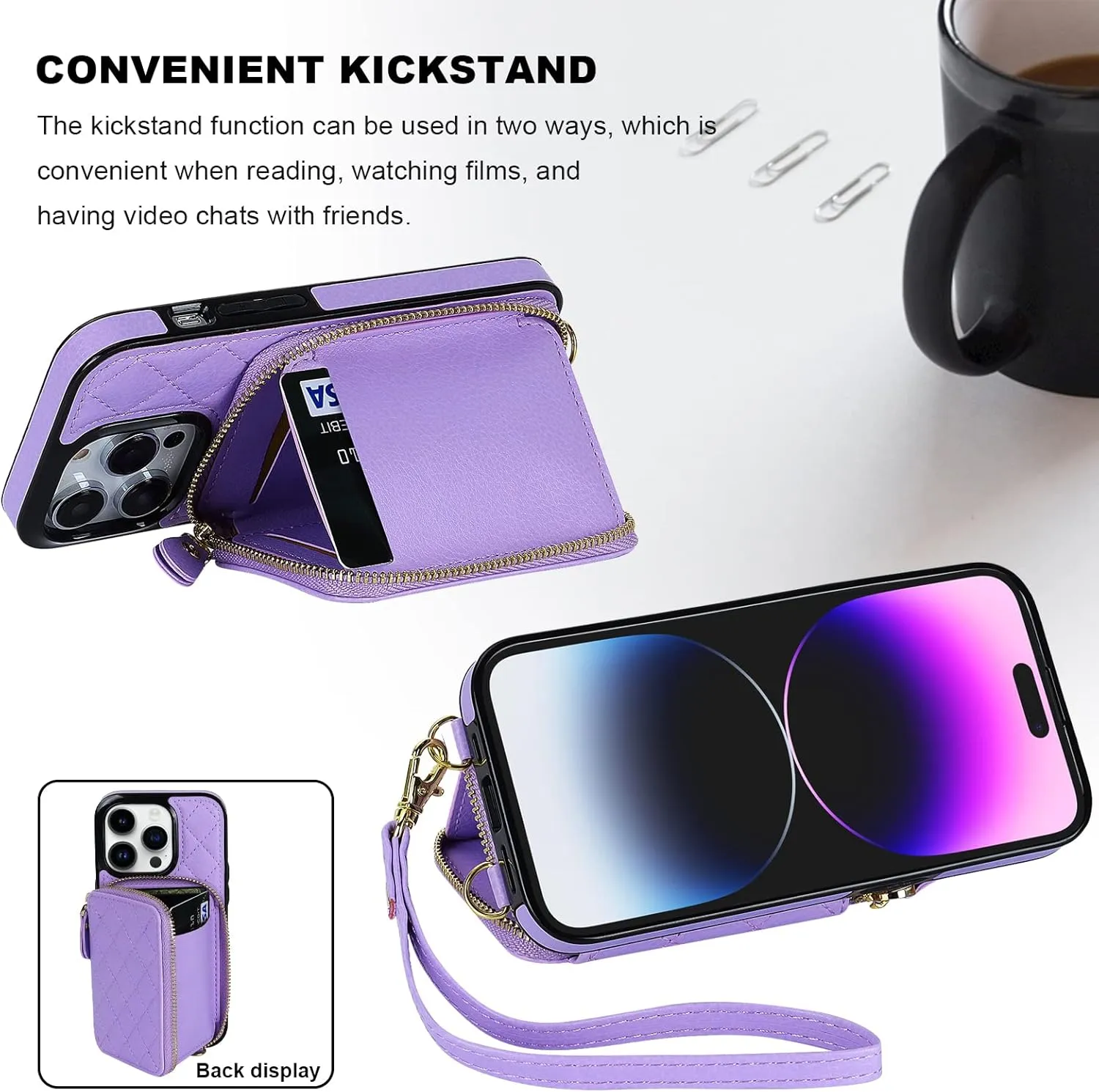 Bocasal Crossbody Wallet Case for iPhone 14 Pro, RFID Blocking PU Leather Zipper Handbag Purse Flip Cover, Kickstand Folio Case with Card Slots Holder Wrist Strap Lanyard 5G 6.1 Inch (Purple)