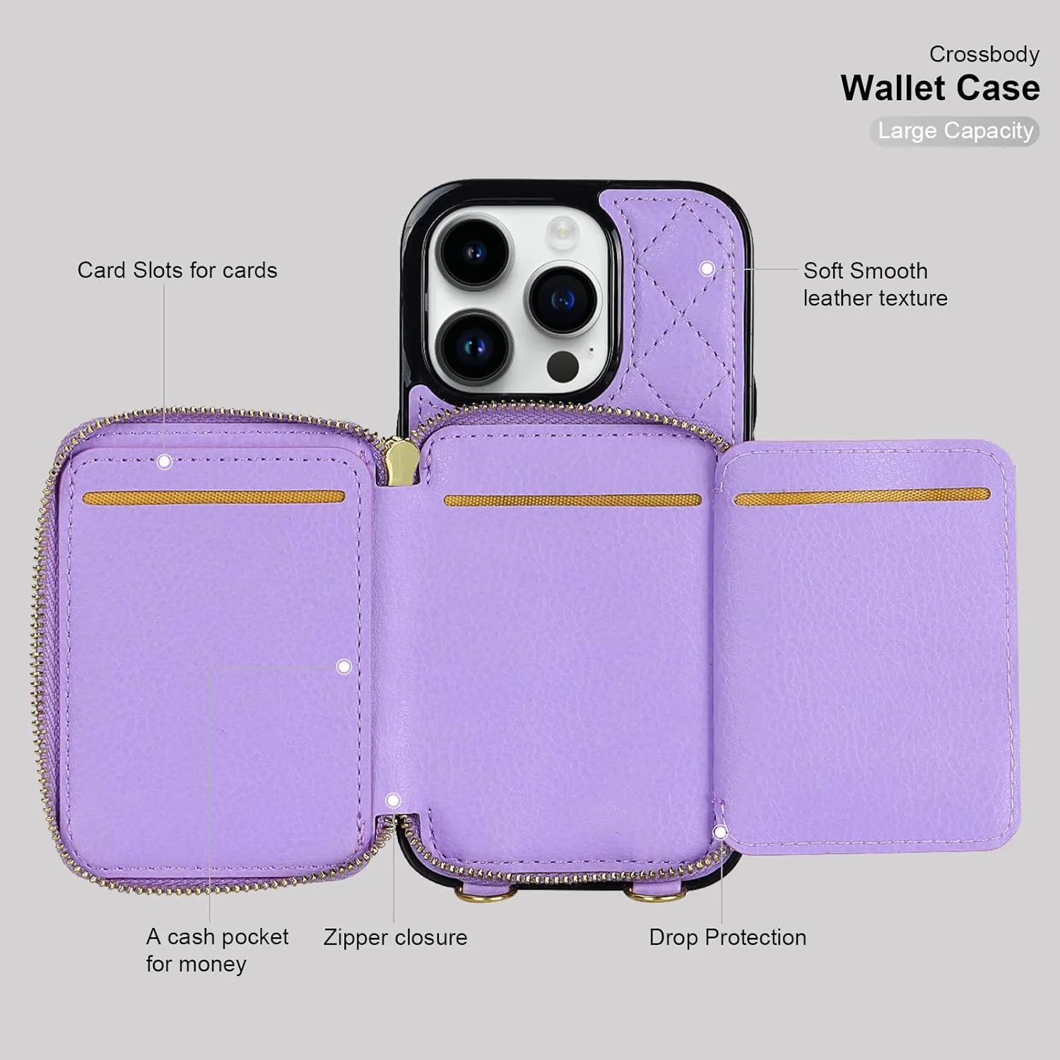 Bocasal Crossbody Wallet Case for iPhone 14 Pro, RFID Blocking PU Leather Zipper Handbag Purse Flip Cover, Kickstand Folio Case with Card Slots Holder Wrist Strap Lanyard 5G 6.1 Inch (Purple)