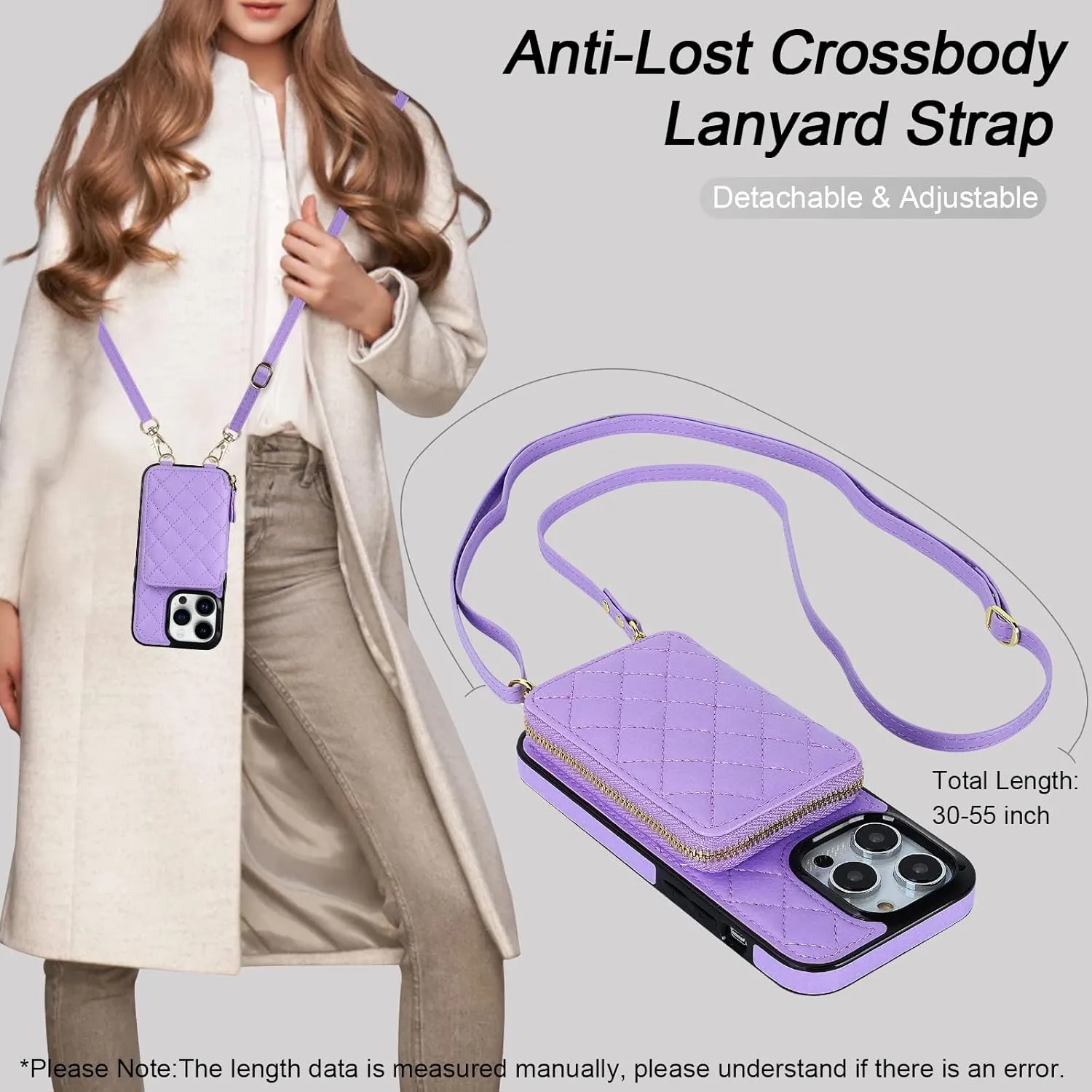Bocasal Crossbody Wallet Case for iPhone 14 Pro, RFID Blocking PU Leather Zipper Handbag Purse Flip Cover, Kickstand Folio Case with Card Slots Holder Wrist Strap Lanyard 5G 6.1 Inch (Purple)