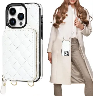 Bocasal Crossbody Wallet Case for iPhone 14 Pro, RFID Blocking PU Leather Zipper Handbag Purse Flip Cover, Kickstand Folio Case with Card Slots Holder Wrist Strap Lanyard 5G 6.1 Inch (White)