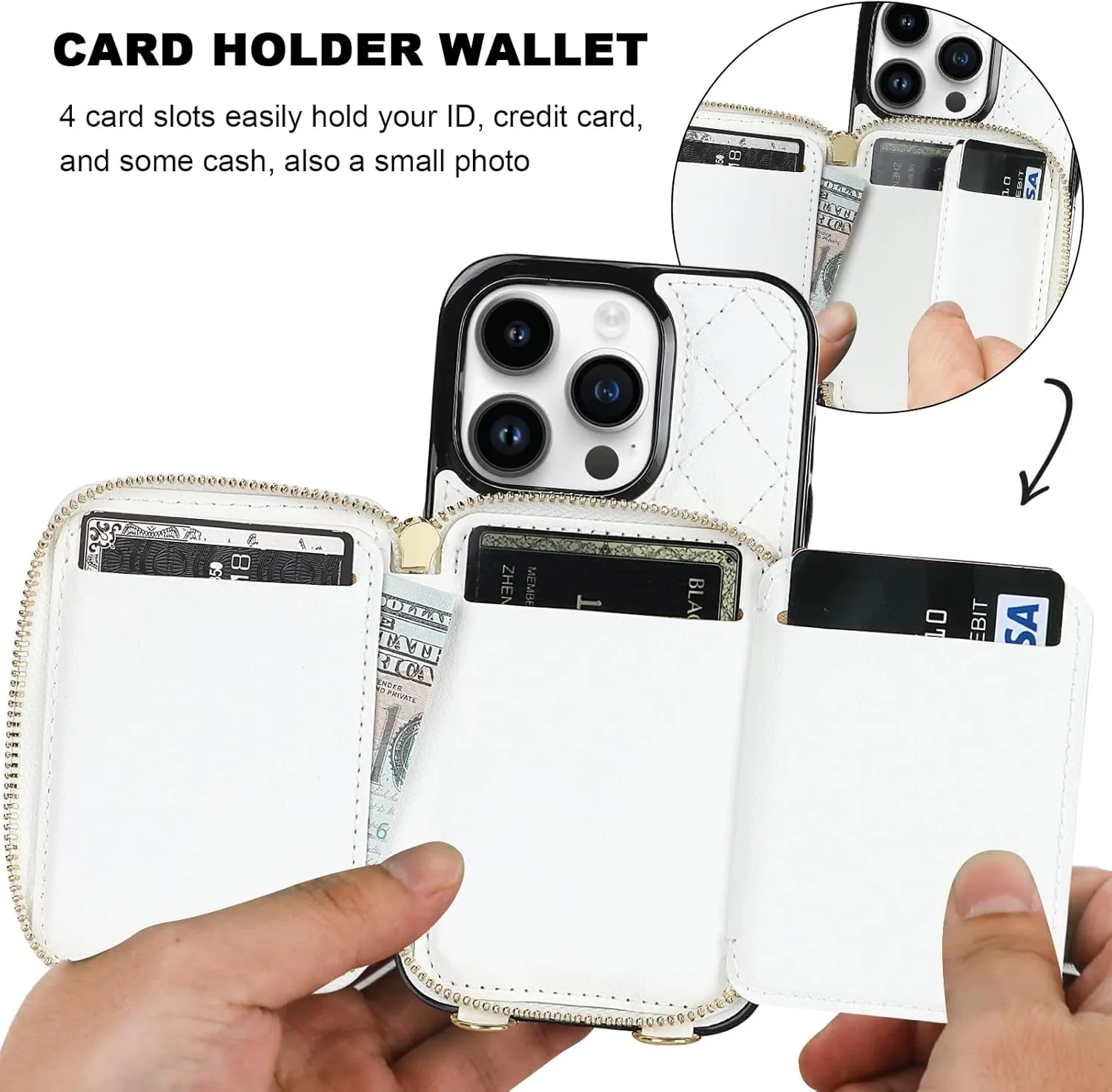 Bocasal Crossbody Wallet Case for iPhone 14 Pro, RFID Blocking PU Leather Zipper Handbag Purse Flip Cover, Kickstand Folio Case with Card Slots Holder Wrist Strap Lanyard 5G 6.1 Inch (White)