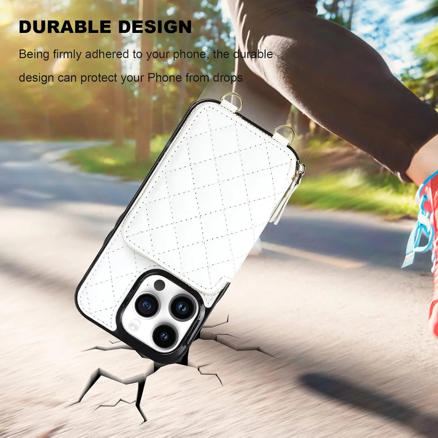 Bocasal Crossbody Wallet Case for iPhone 14 Pro, RFID Blocking PU Leather Zipper Handbag Purse Flip Cover, Kickstand Folio Case with Card Slots Holder Wrist Strap Lanyard 5G 6.1 Inch (White)