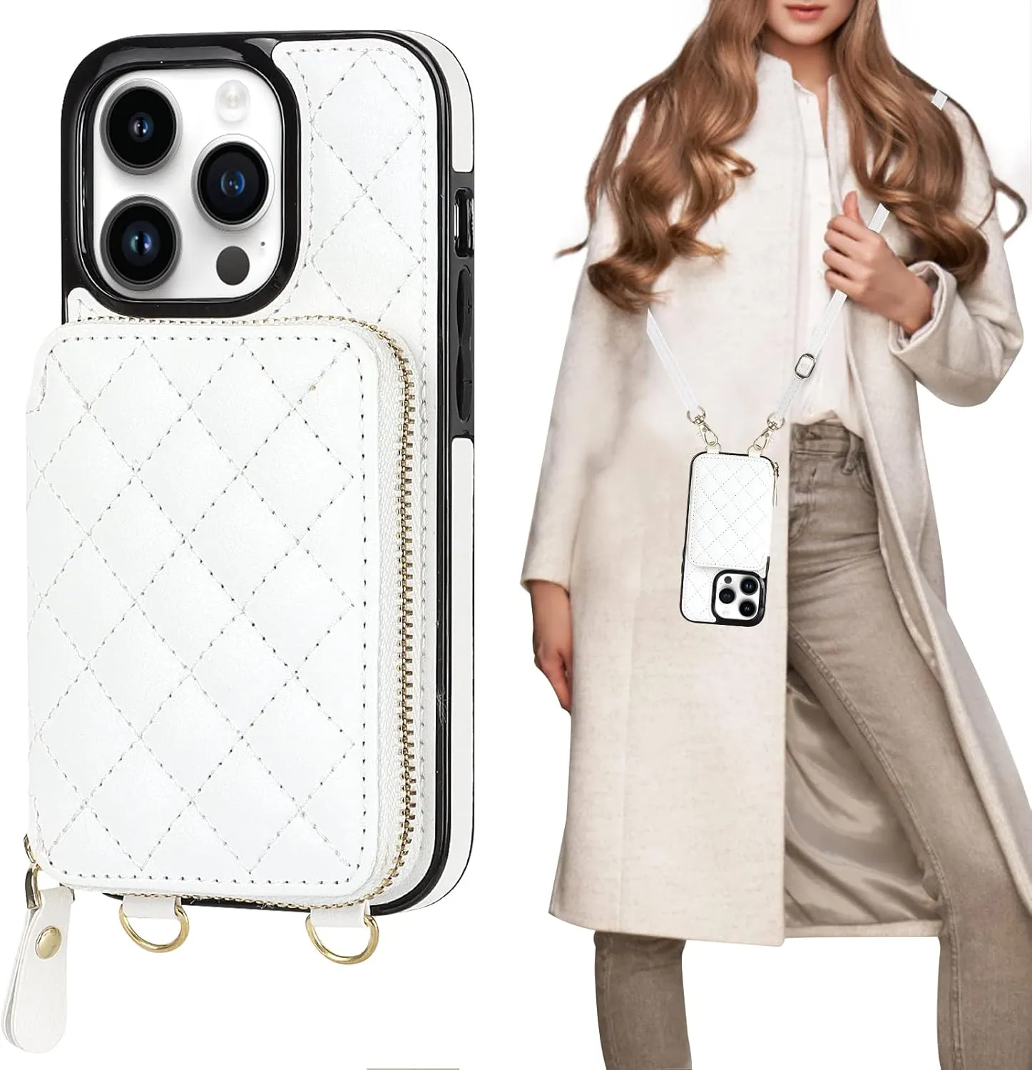 Bocasal Crossbody Wallet Case for iPhone 14 Pro, RFID Blocking PU Leather Zipper Handbag Purse Flip Cover, Kickstand Folio Case with Card Slots Holder Wrist Strap Lanyard 5G 6.1 Inch (White)