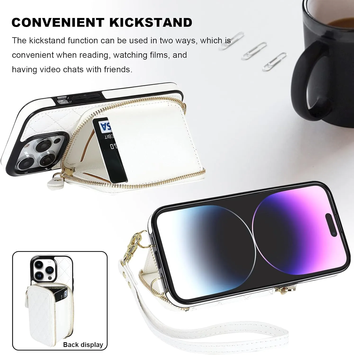 Bocasal Crossbody Wallet Case for iPhone 14 Pro, RFID Blocking PU Leather Zipper Handbag Purse Flip Cover, Kickstand Folio Case with Card Slots Holder Wrist Strap Lanyard 5G 6.1 Inch (White)