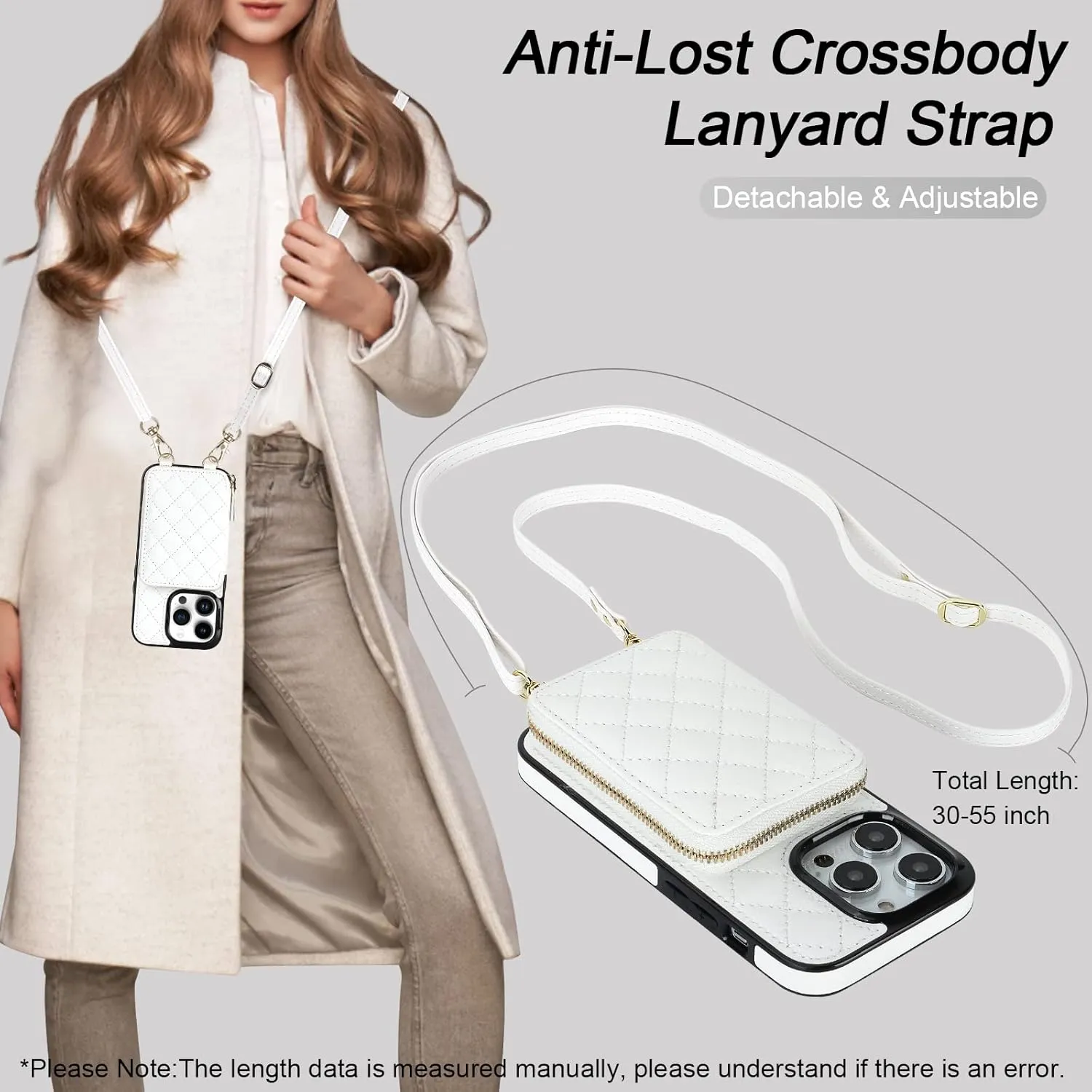 Bocasal Crossbody Wallet Case for iPhone 14 Pro, RFID Blocking PU Leather Zipper Handbag Purse Flip Cover, Kickstand Folio Case with Card Slots Holder Wrist Strap Lanyard 5G 6.1 Inch (White)