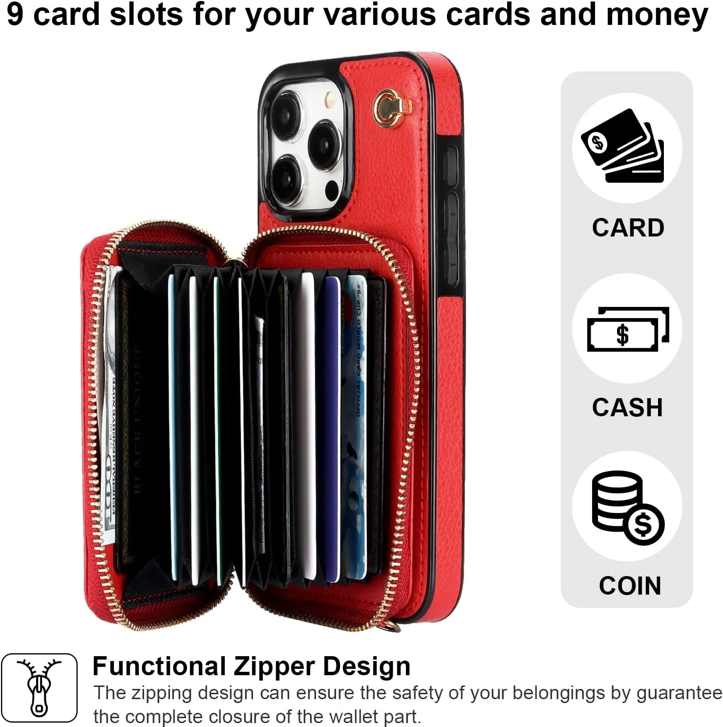 Bocasal Crossbody Wallet Case for iPhone 15 Pro Max, RFID Blocking Leather Purse Case with Card Holder, Protective Handbag Flip Cover with Zipper Wrist Strap Lanyard for Women 5G 6.7 Inch (Red)