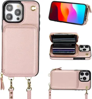 Bocasal Crossbody Wallet Case for iPhone 15 Pro Max, RFID Blocking Leather Purse Case with Card Holder, Protective Handbag Flip Cover with Zipper Wrist Strap Lanyard for Women 5G 6.7 Inch (Rose Gold)