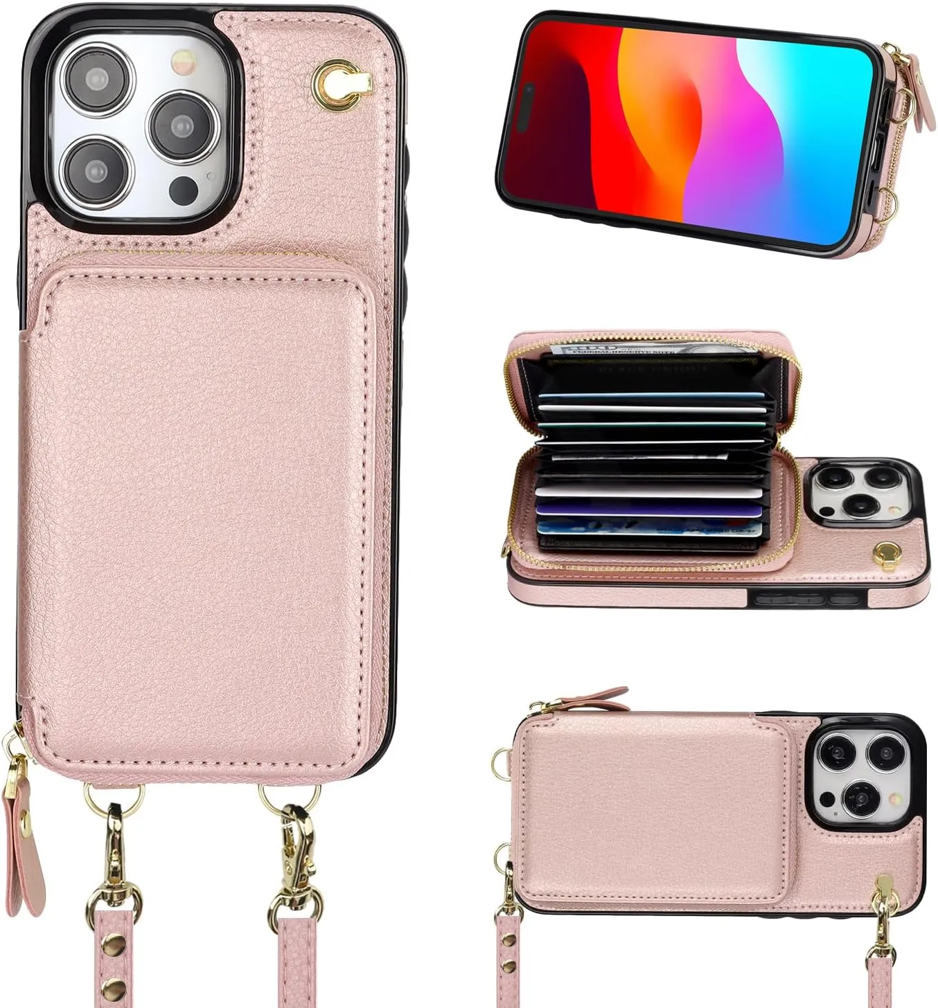 Bocasal Crossbody Wallet Case for iPhone 15 Pro Max, RFID Blocking Leather Purse Case with Card Holder, Protective Handbag Flip Cover with Zipper Wrist Strap Lanyard for Women 5G 6.7 Inch (Rose Gold)