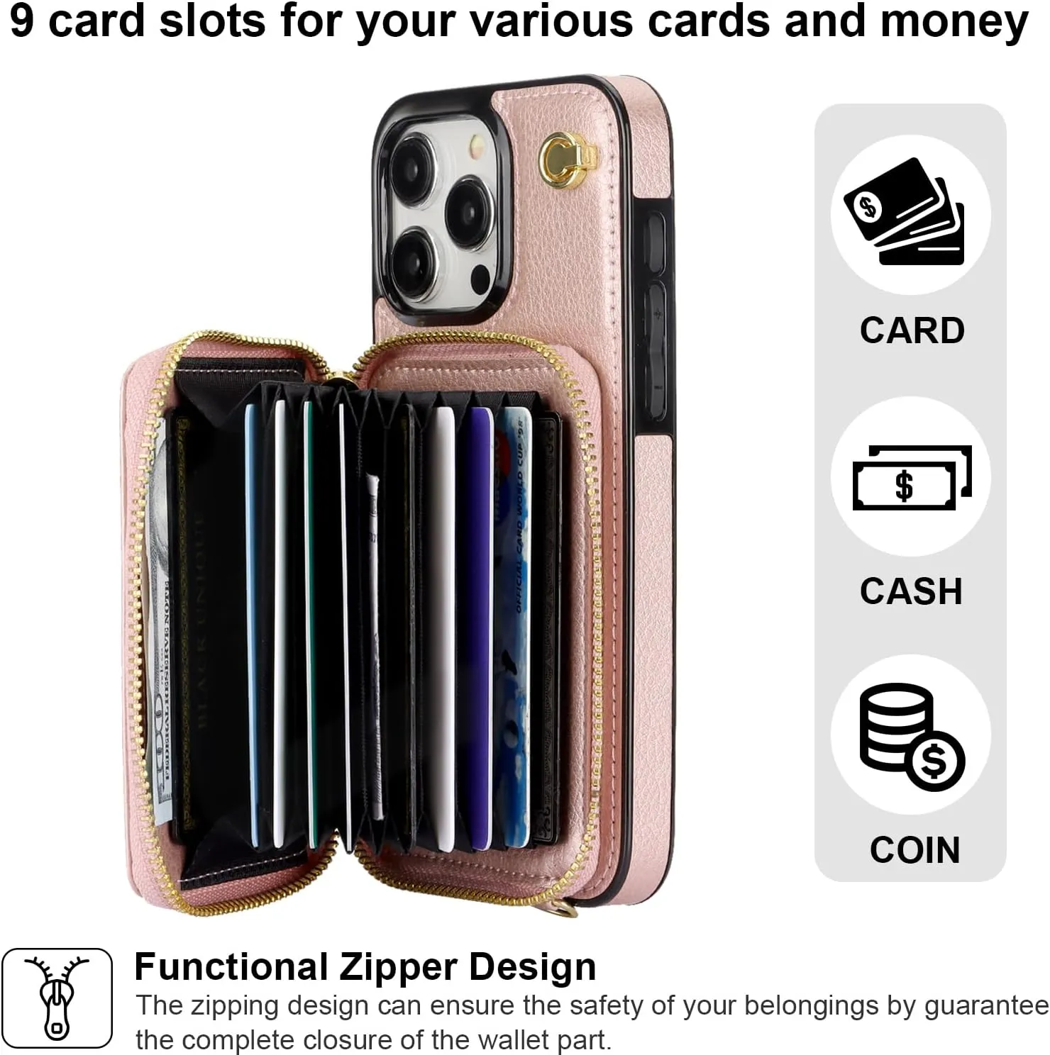 Bocasal Crossbody Wallet Case for iPhone 15 Pro Max, RFID Blocking Leather Purse Case with Card Holder, Protective Handbag Flip Cover with Zipper Wrist Strap Lanyard for Women 5G 6.7 Inch (Rose Gold)