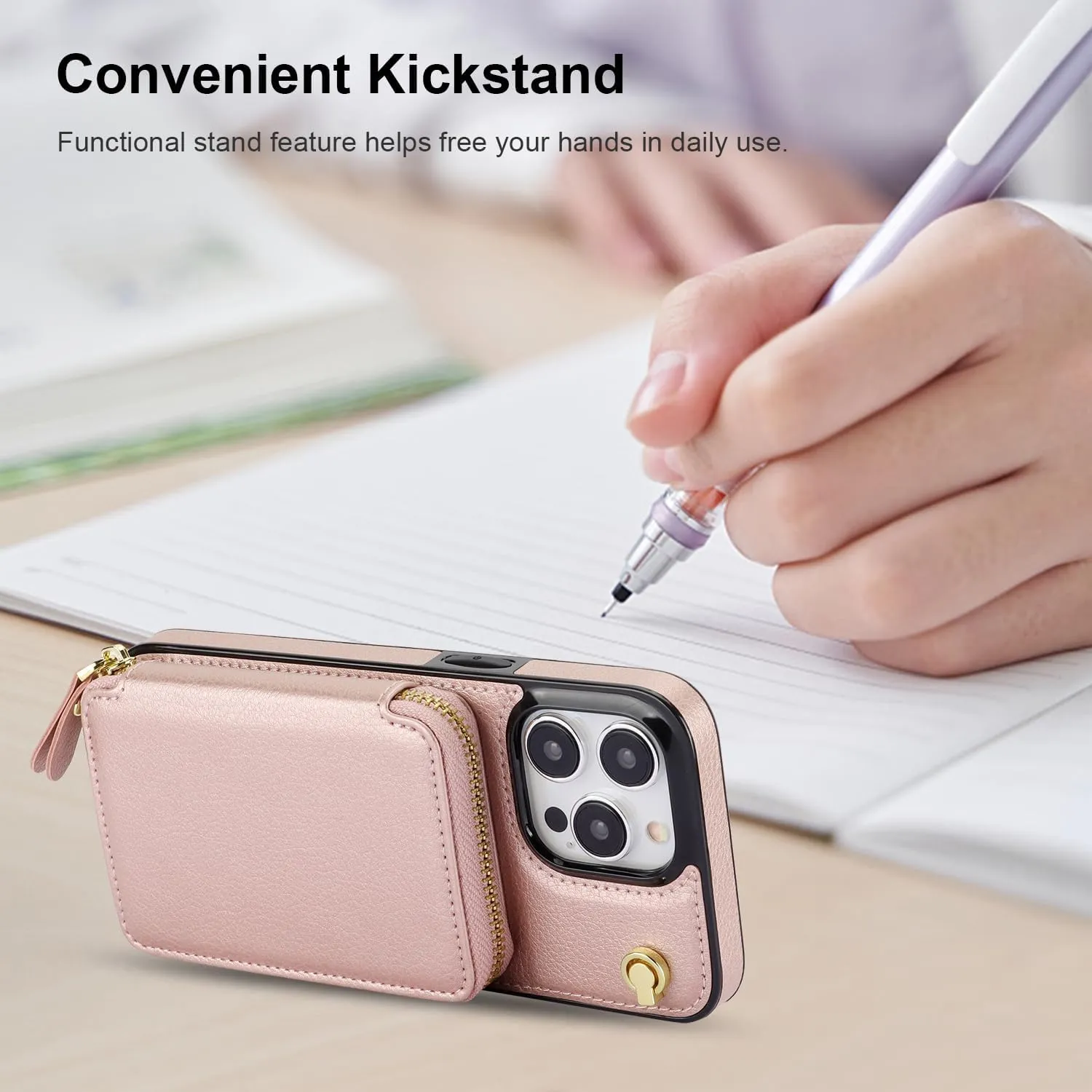 Bocasal Crossbody Wallet Case for iPhone 15 Pro Max, RFID Blocking Leather Purse Case with Card Holder, Protective Handbag Flip Cover with Zipper Wrist Strap Lanyard for Women 5G 6.7 Inch (Rose Gold)