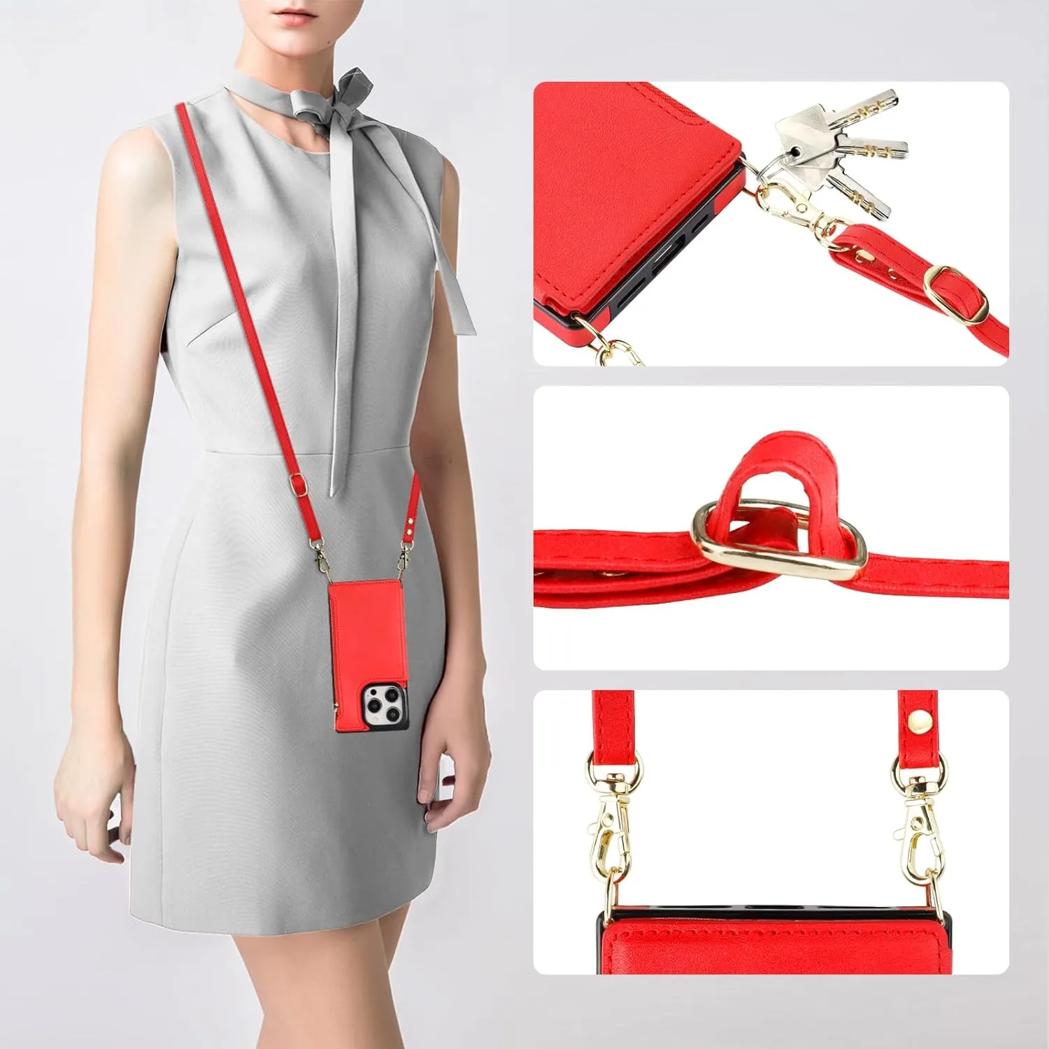 Bocasal Crossbody Wallet Case for iPhone 15 Pro with RFID Blocking Card Slot Holder, Magnetic Flip Folio Purse Case, PU Leather Zipper Handbag with Detachable Lanyard Strap 6.1 Inch 5G (Red)