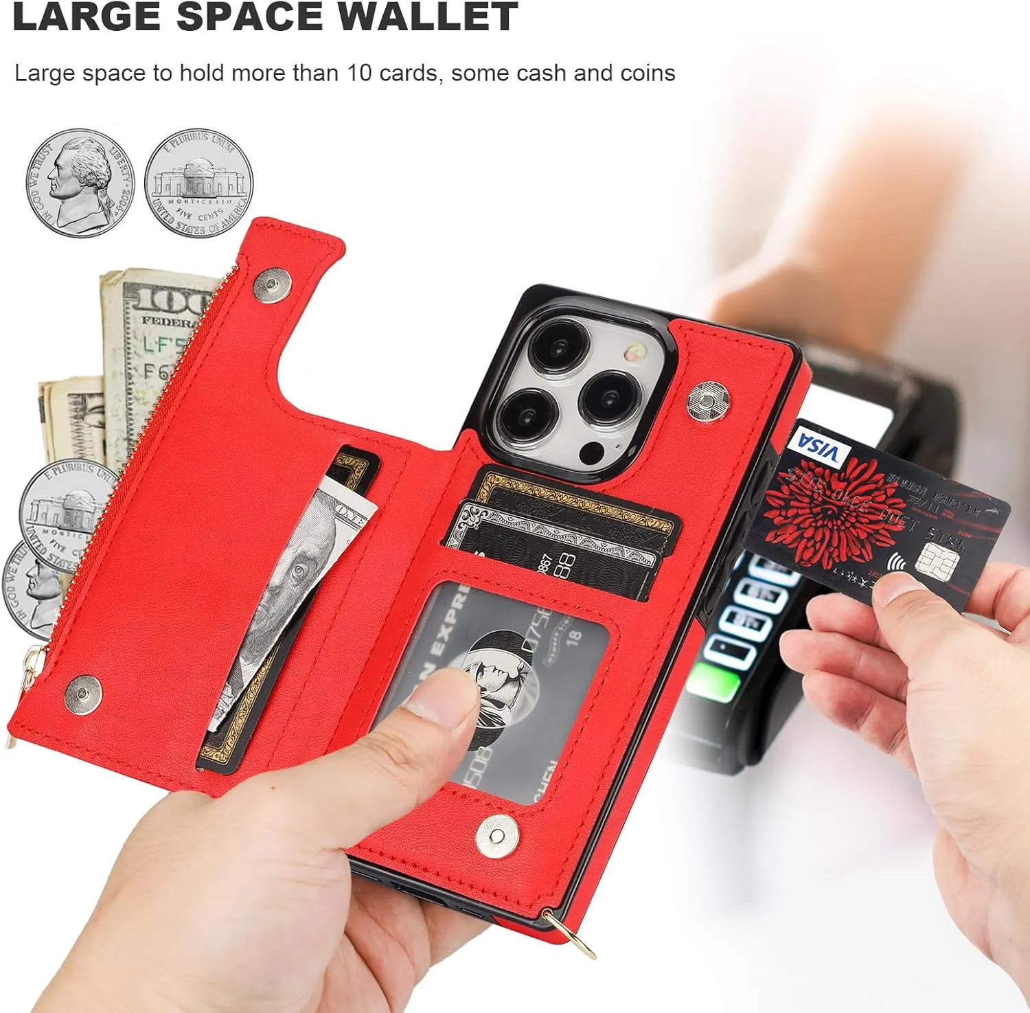 Bocasal Crossbody Wallet Case for iPhone 15 Pro with RFID Blocking Card Slot Holder, Magnetic Flip Folio Purse Case, PU Leather Zipper Handbag with Detachable Lanyard Strap 6.1 Inch 5G (Red)